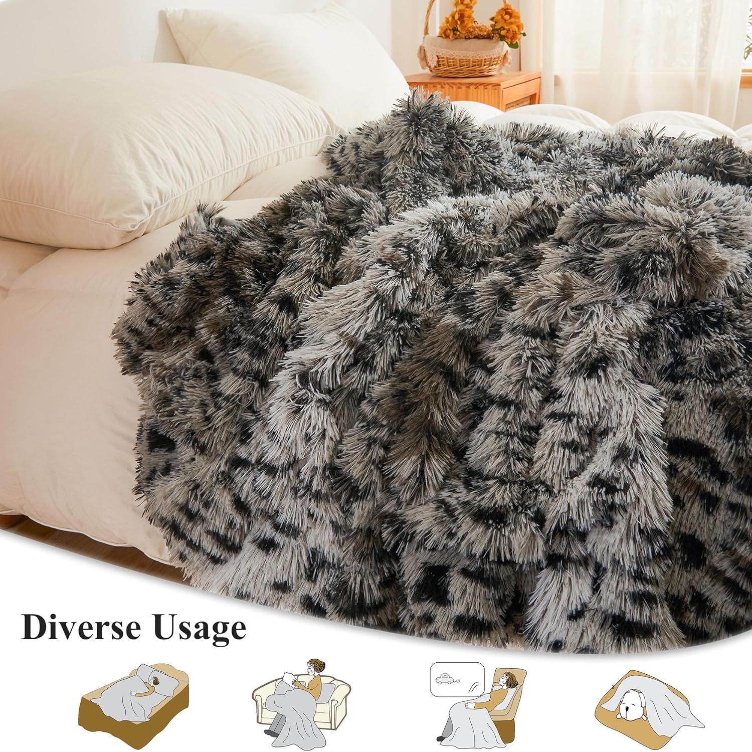 XeGe Luxury Faux Fur Cheetah Print Throw Blanket, Soft 50x60 Leopard Print Fluffy Blanket Throw, Shaggy Plush Decorative Couch Blanket, Cute Furry Animal Throw Fuzzy Blanket for Sofa Bed, Grey - Image 3