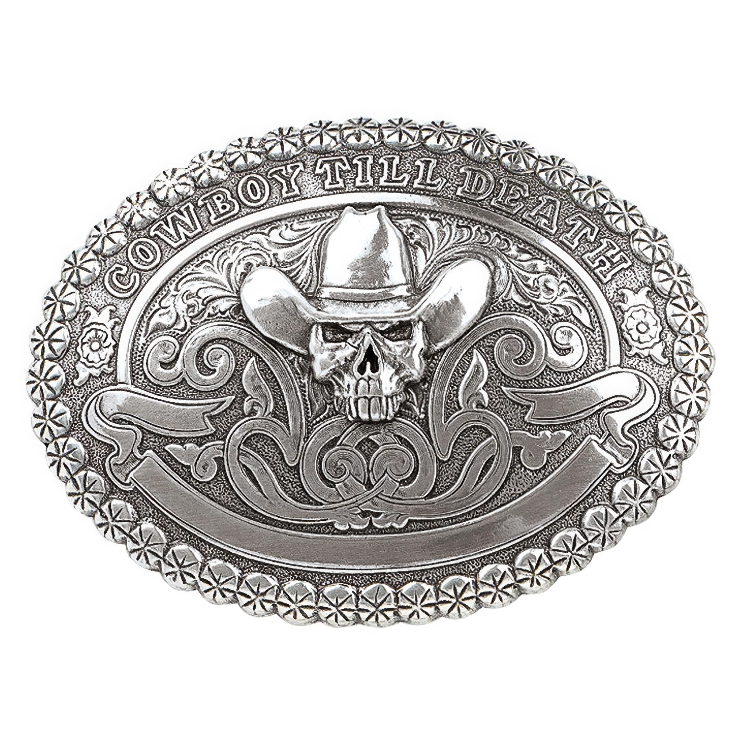 ARIATCrumrine Men's Skull Cowboy Buckle with 'Cowboy Till Death' Text