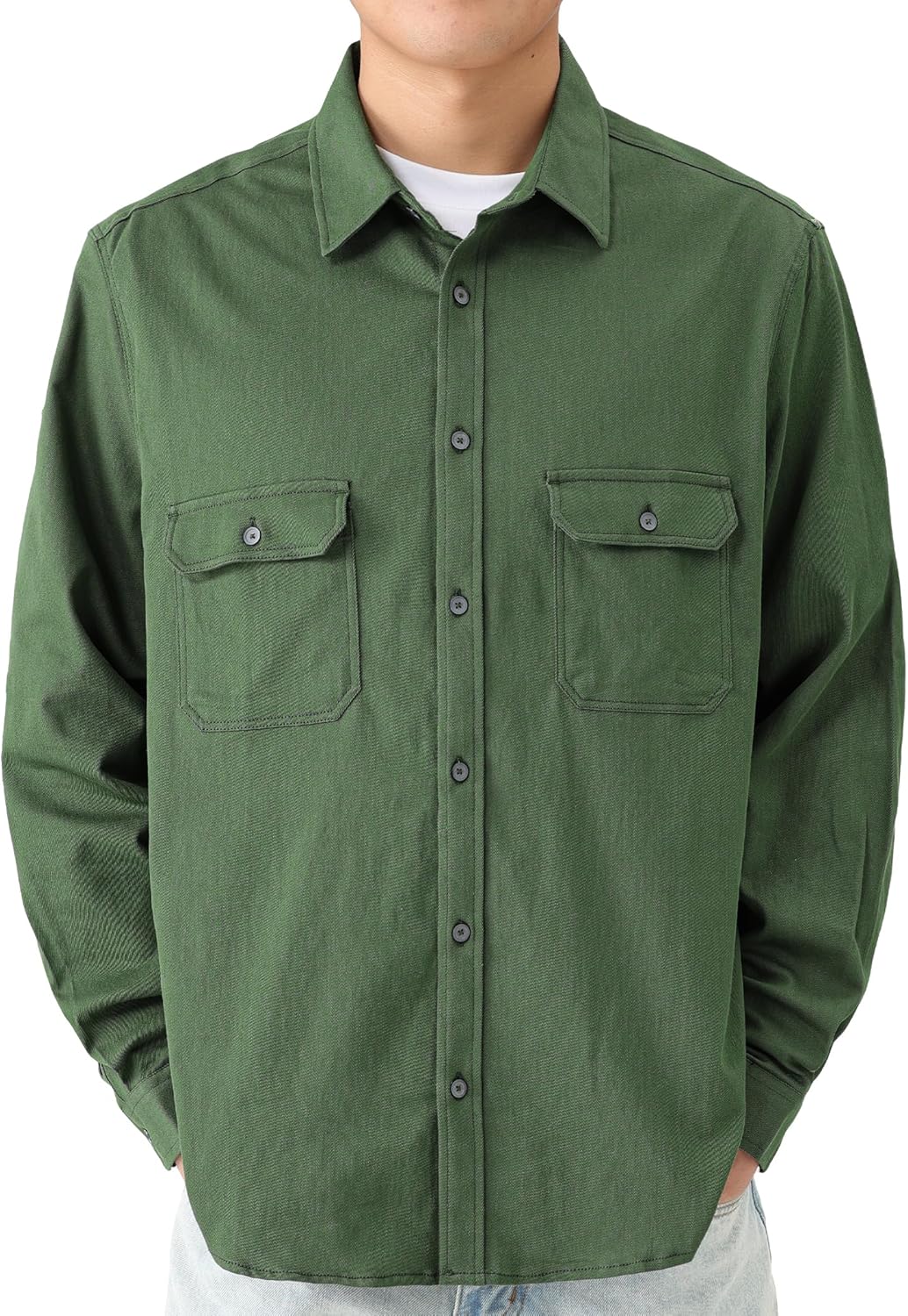 JOGAL Mens Denim Shirt Long Sleeve Button Down Shirt Regular Fit Work Shirt with Flap Chest Pockets - Image 3