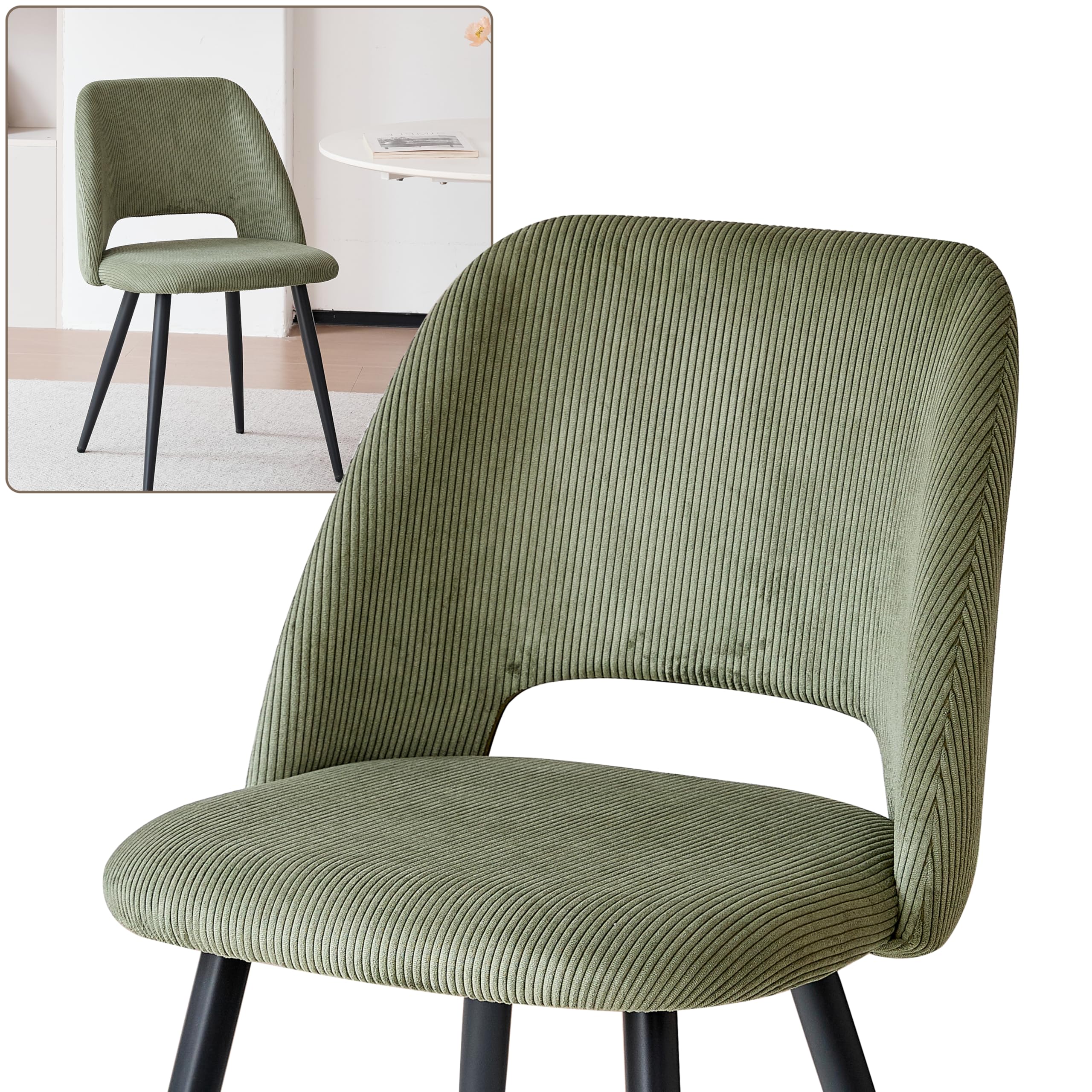 GrandCA HOME Set Tavolo e Sedie da Pranzo,Tavolo Rotondo Moderno da 100 Cm,4 Sedia da Pranzo In Velluto a Coste Traforato,adatto Per Cucina, Soggiorno, Caffetteria(Legno Chiaro + Verde)