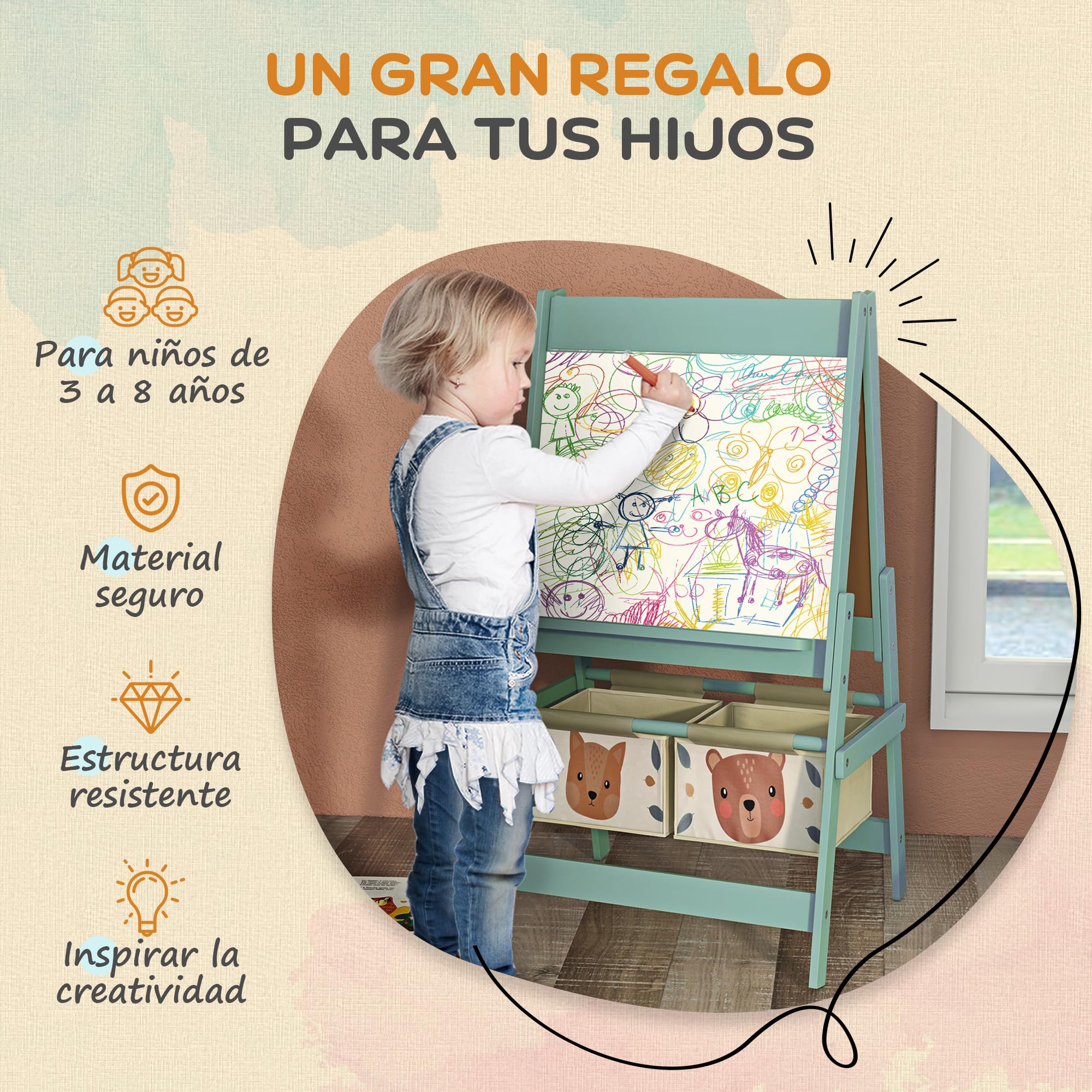 AIYAPLAY Caballete para Niños 3 en 1 Infantil de Doble Cara de Arte con Rollo de Papel Pizarras y 2 Cestas de Almacenamiento 54x46,5x93 cm Verde