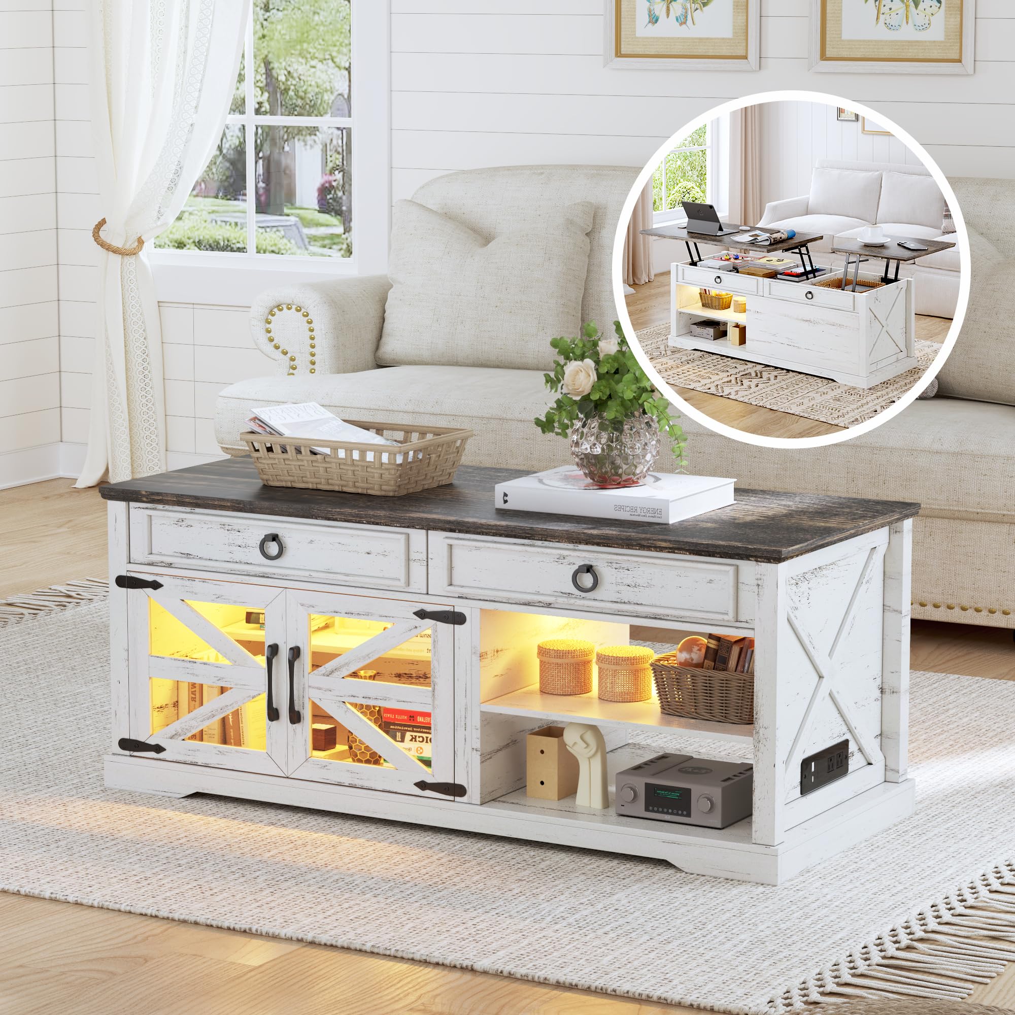 (similar) ( incomplete) Lvifur 48" Farmhouse Lift Top Coffee Table with LED Lights & Charging Station, Living Room Center Table with 2 Hidden Storage Compartments, Lifting Tabletop and Adjustable Shelf (White)
