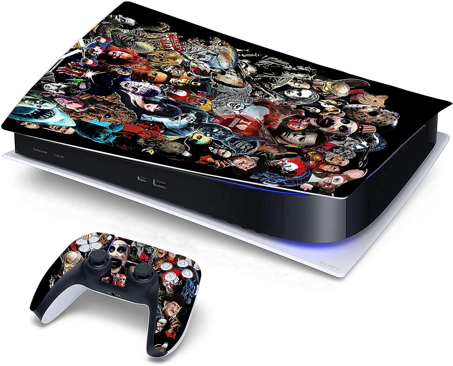 P-S5 Skin Disc Edition Horror Pattern Console and Controllers Vinyl Stickers Scratch Durable Compatible with Play-Station 5(Disk Edition)