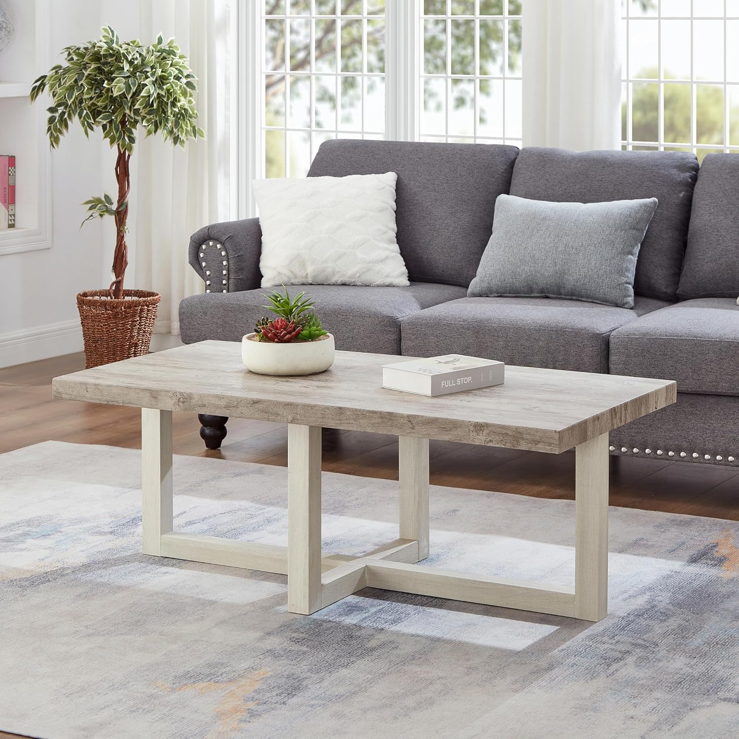 Roundhill Furniture Luno Contemporary Coffee Table, Weathered Gray and Beige