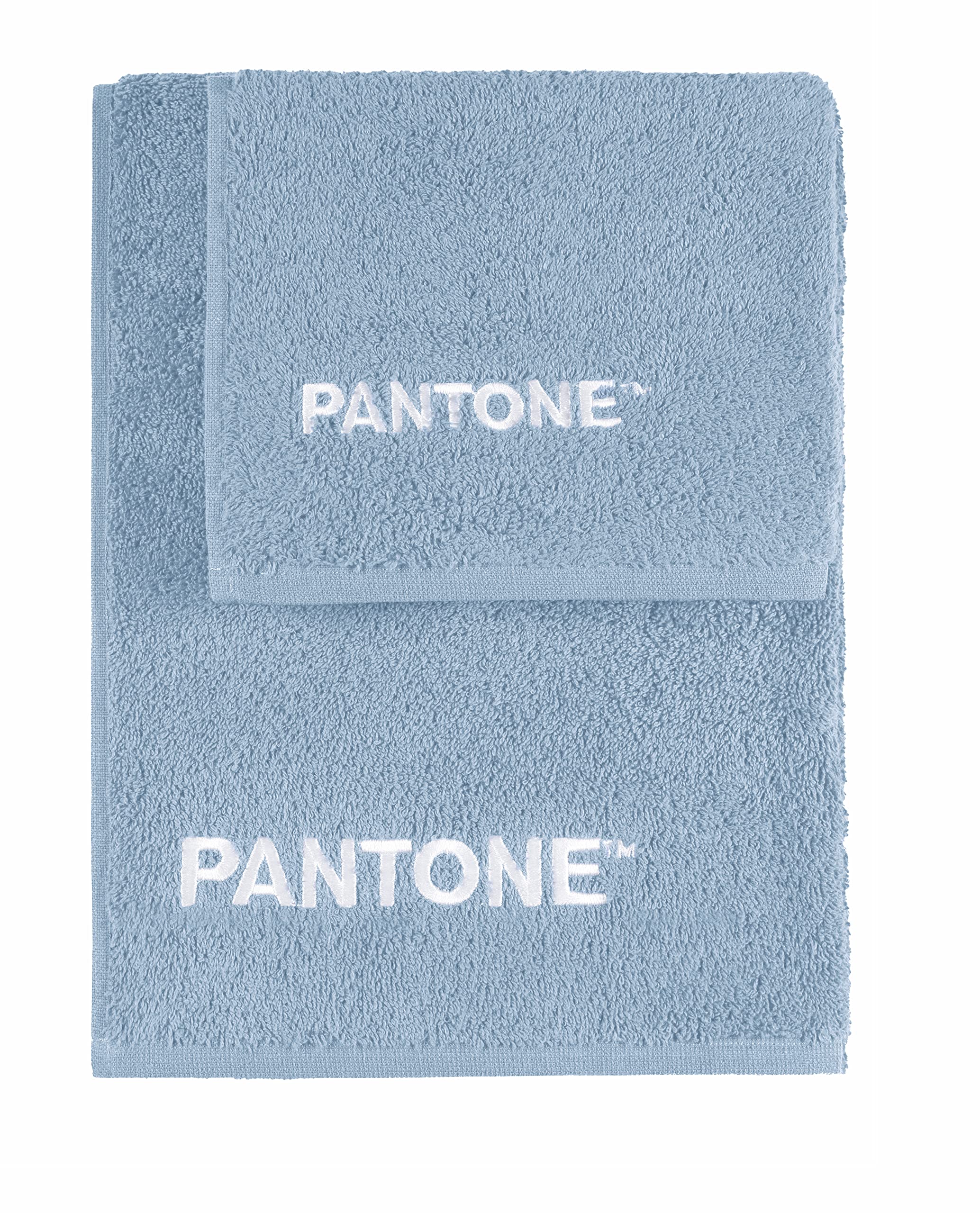 SWEET HOME Pantone™- Set di Asciugamani 1+1 composto da Ospite 40x50cm + Viso 50x100cm Con Ricamo Pantone™, Certificato Oeko Tex, Azzurro