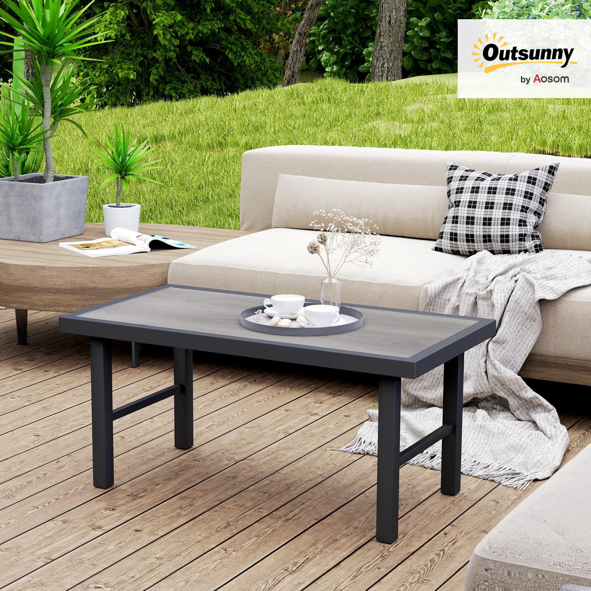 Outsunny Table Basse de Jardin rectangulaire Table de Jardin avec Plateau SPC à Effet Bois pour intérieur/extérieur en métal, 100 x 52 x 46 cm, Effet Bois Gris