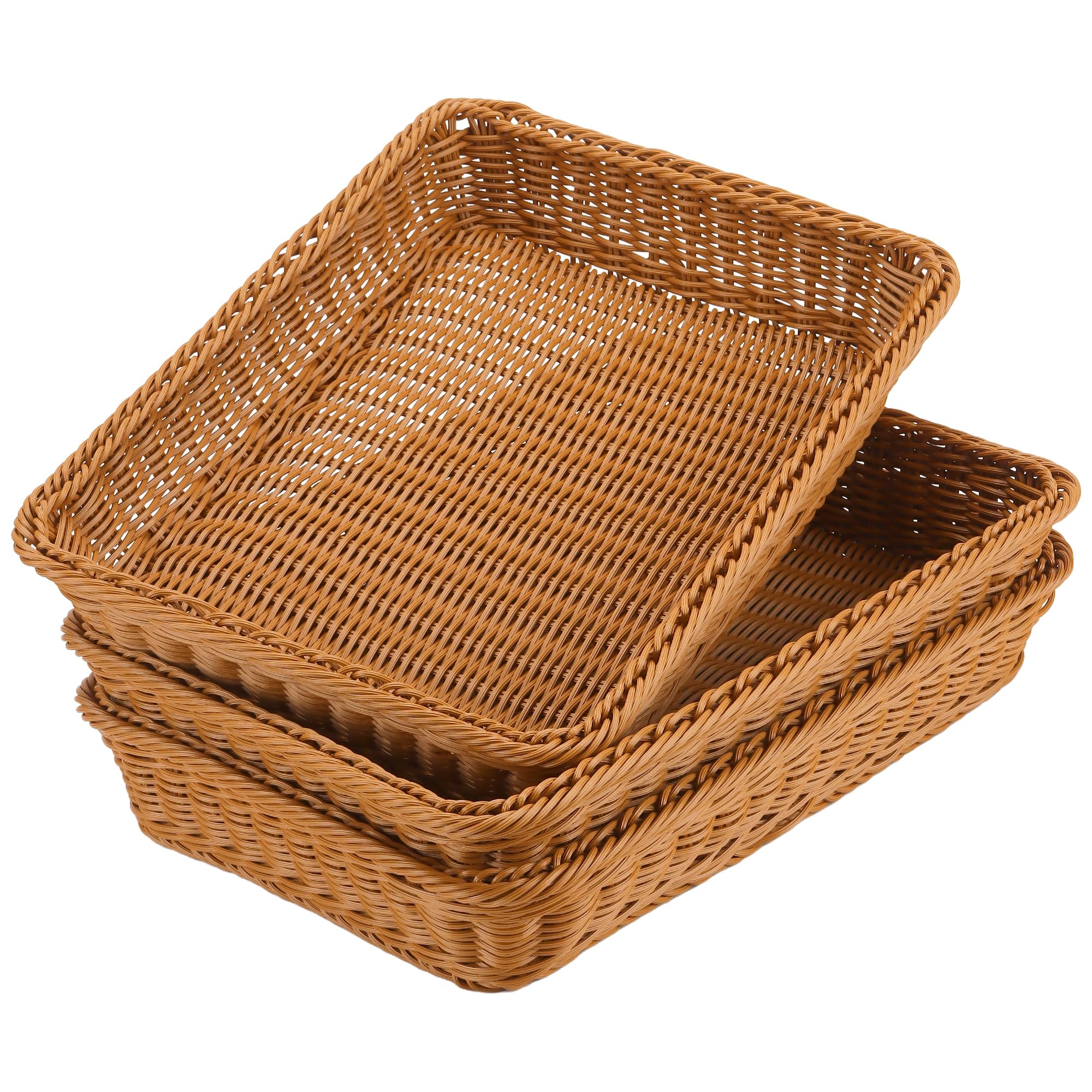 SENJEOK 3 PCS 40 x 30 x 7 cm Rectangular Wicker Basket, Poly Imitation Rattan Woven Basket, Fruit Storage for Kitchen, Home, Restaurant