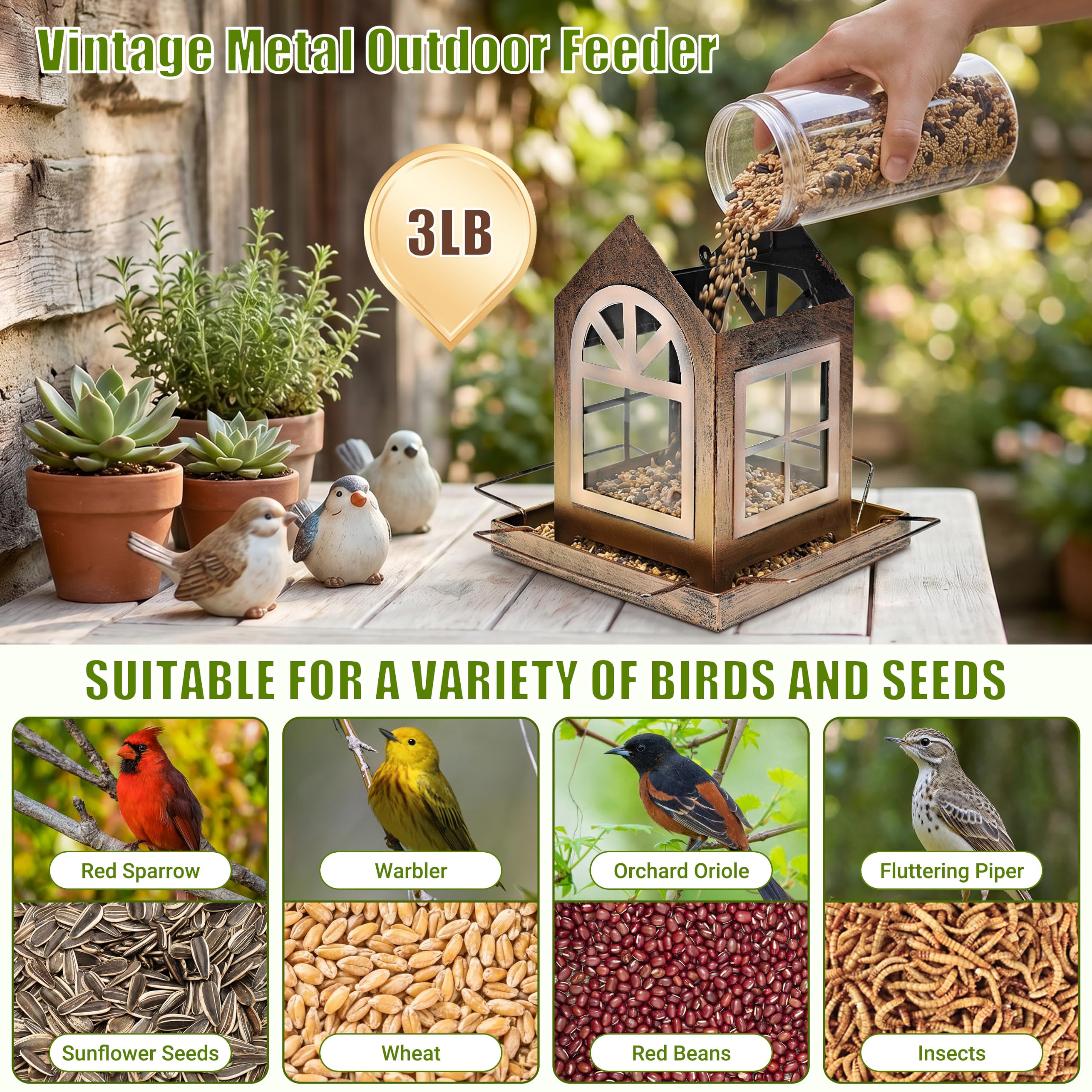 Mangiatoia per uccelli da appendere, abbeveratoio per uccelli per esterni, da appendere, resistente alle intemperie, per decorazione da giardino e patio all'aperto, mangime per uccelli resistente