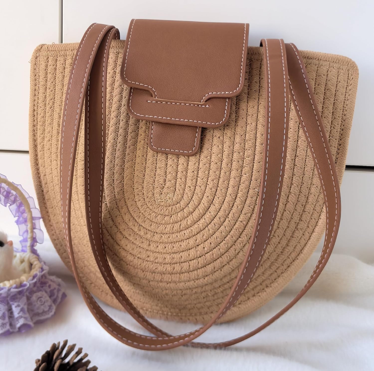 Retro Women's French Style Semi-circular Shoulder Bag Cotton Thread Woven Crossbody Bag Handbag