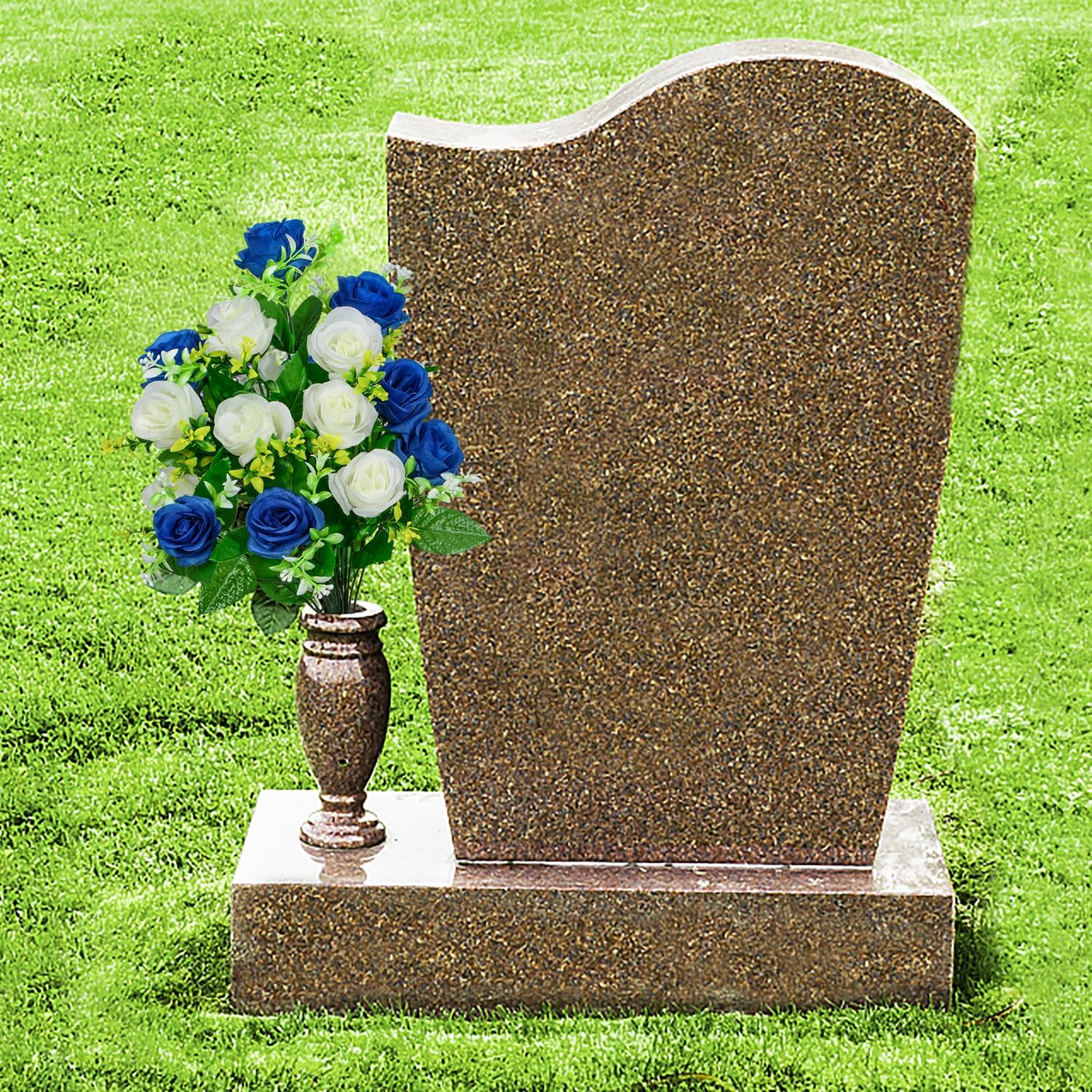 XONOR Artificial Cemetery Flowers, Set of 2 Artificial Rose Bouquet Graveyard Memorial Flowers with Vase for Cemetery Headstones Decoration (Dark Blue&White-2Pcs) - Image 5