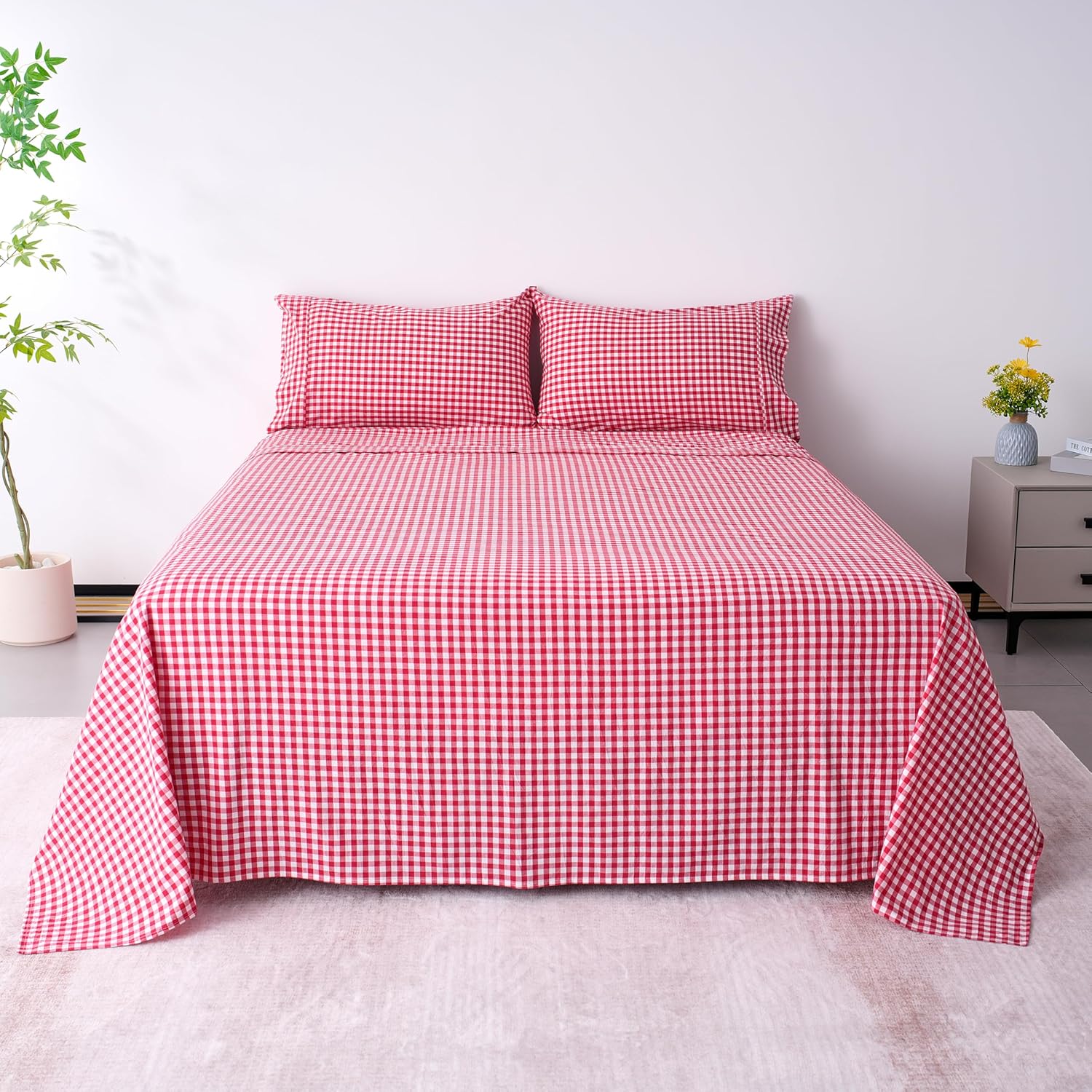 Cotton Checkered Twin Sheets Set 3 Piece, Red Gingham Bed Sheet 100% Cotton Luxury, Breathable & Cooling Bedding Deep Pockets Upto 16" Red & White Plaid Sheets