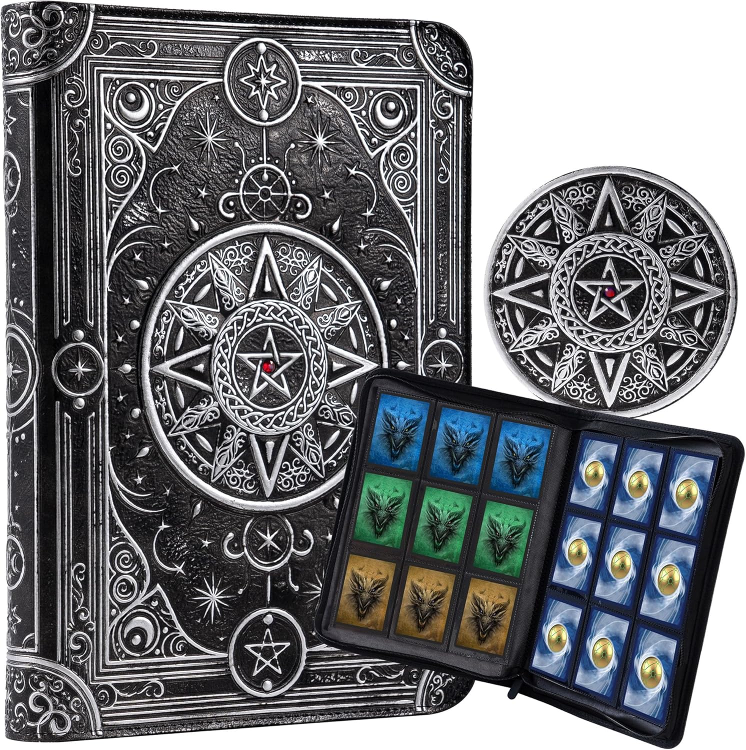 Star Mage Trading Card Binder - 9 Pocket Ringless TCG Binder - Premium 3D PU-Leather - 432 Side-Loading Pockets - Perfect Storage Holder for MTG, and Many TCG & Trading Card Collections (Red Jewel)