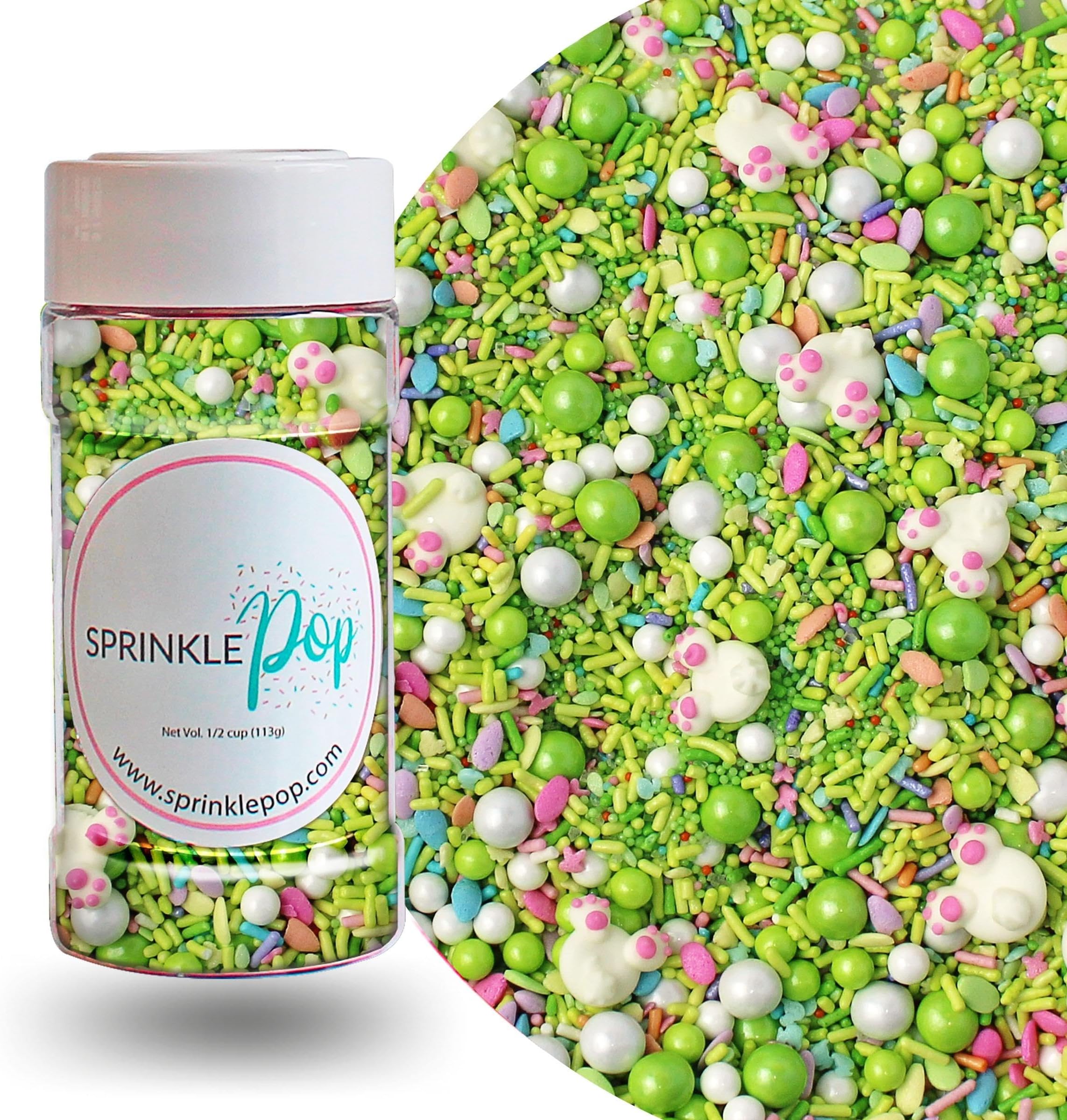 Sprinkle Pop Cottontail Sprinkle Mix| Lime Green White Sprinkles with ~12 White Bunny Royal Icings & Pink Pastel| Easter Sprinkles Made in USA for Decorating Cakes Cupcakes Cookies Ice Cream, 4oz