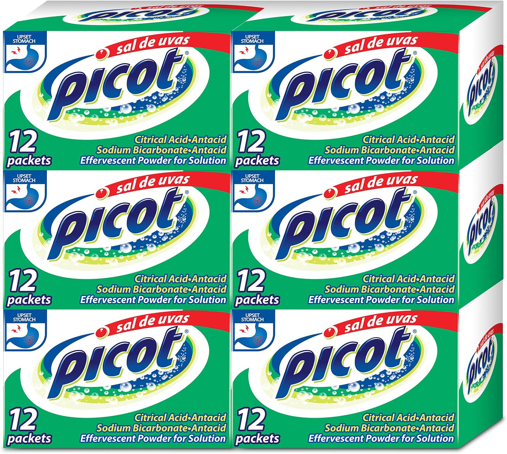 Sal de Uvas PIcot, Effervescent Powder Solution, Antacid, 0.17 Oz, 6-Pack of 12 Packets, 6 Boxes