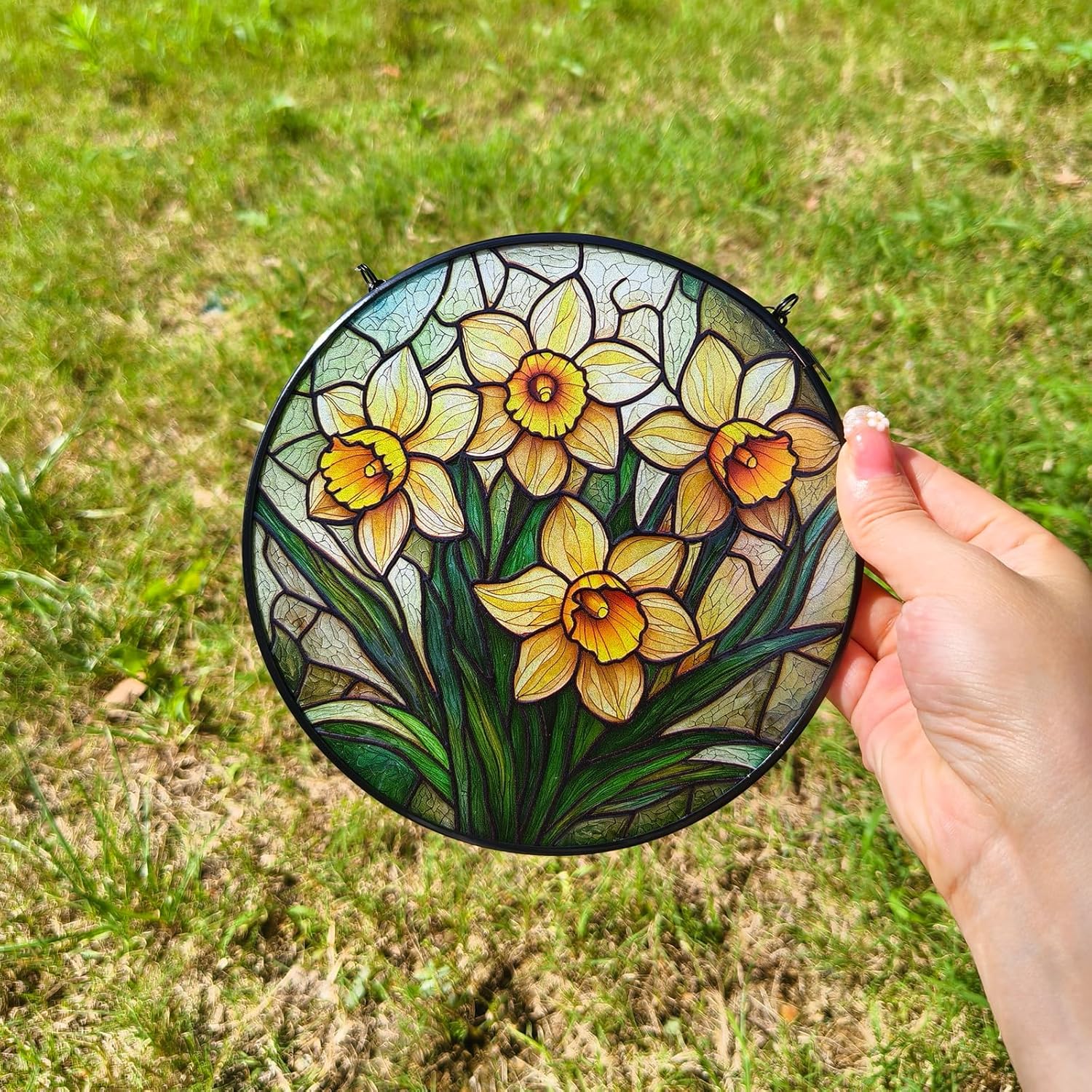 Stained Glass Window Hanging, Daffodil Flower Diamond Glass Panel Suncatcher Plant Sun Catchers for Home Garden Balcony Window Wall Decor, Gifts for Women,Mom (6.3 Inch) - Image 5