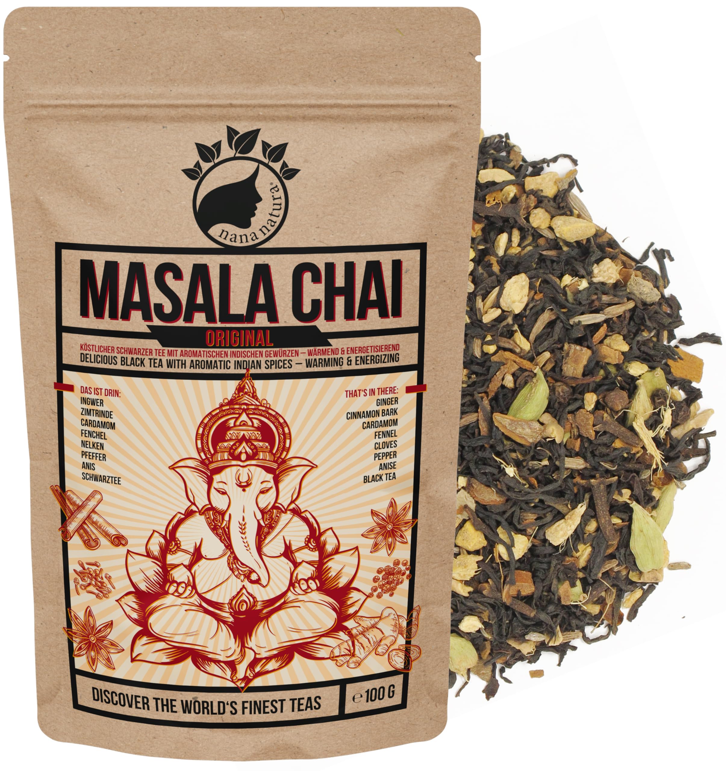 NanaNatura's MASALA CHAI TEE 100g | perfekt für Chaitee, Chai-Latte mit Milch oder Iced Chai | 100% natürlich | köstlicher Schwarztee mit aromatischen indischen Gewürzen | wärmend & energetisierend