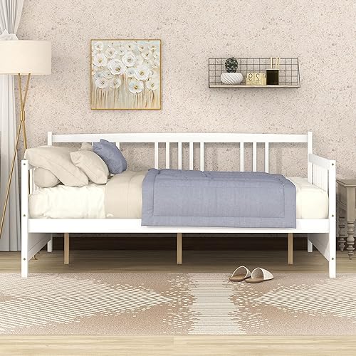 Miniatura 3 de Merax Sofá cama matrimonial con listones de madera, soporte moderno sofá cama con rieles, tamaño matrimonial, blanco marfil