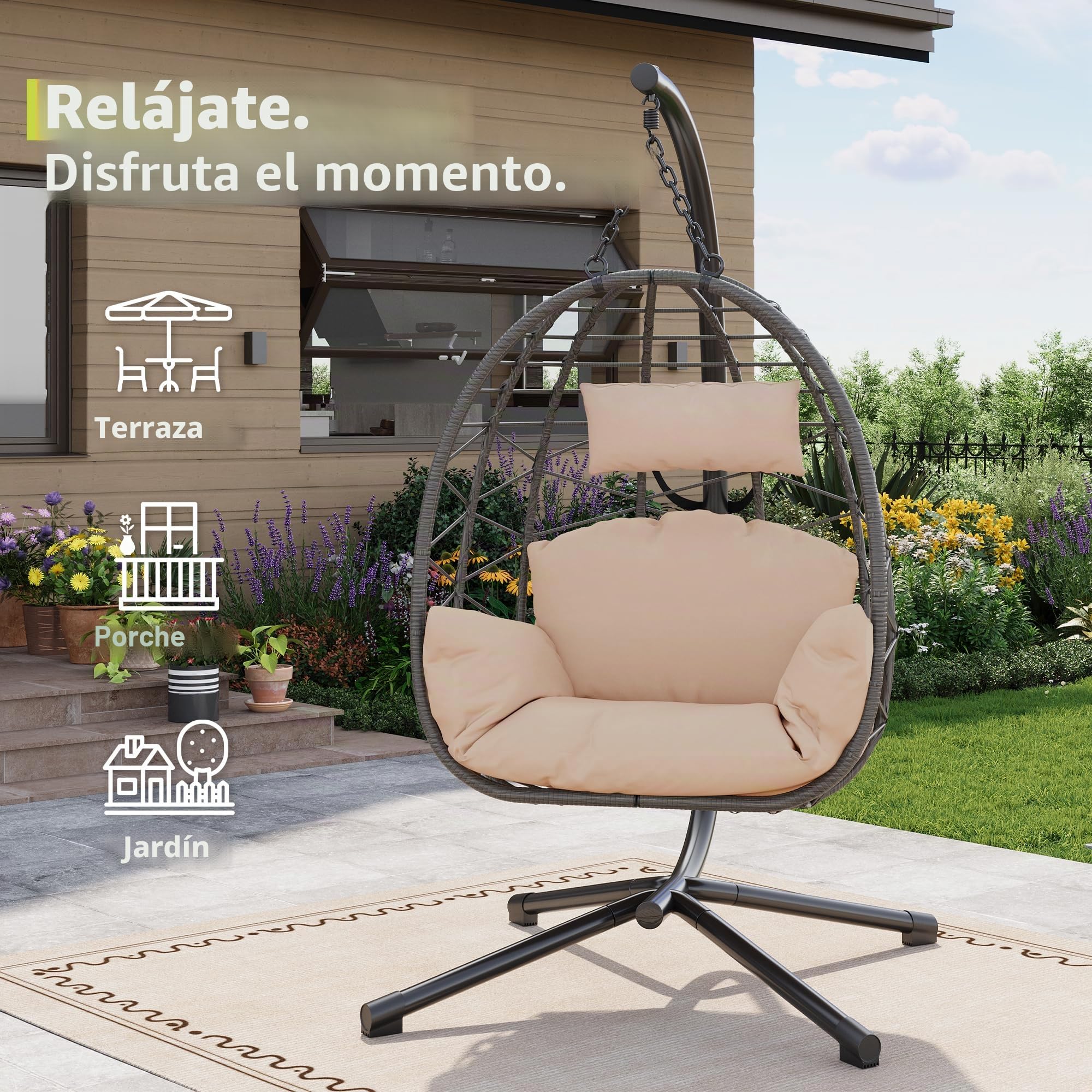 Hamaca colgante con estructura para exteriores, soporta hasta 150 kg, de ratán con estructura de metal, ideal como asiento colgante para interior, con estructura para jardín, terraza y balcón, color