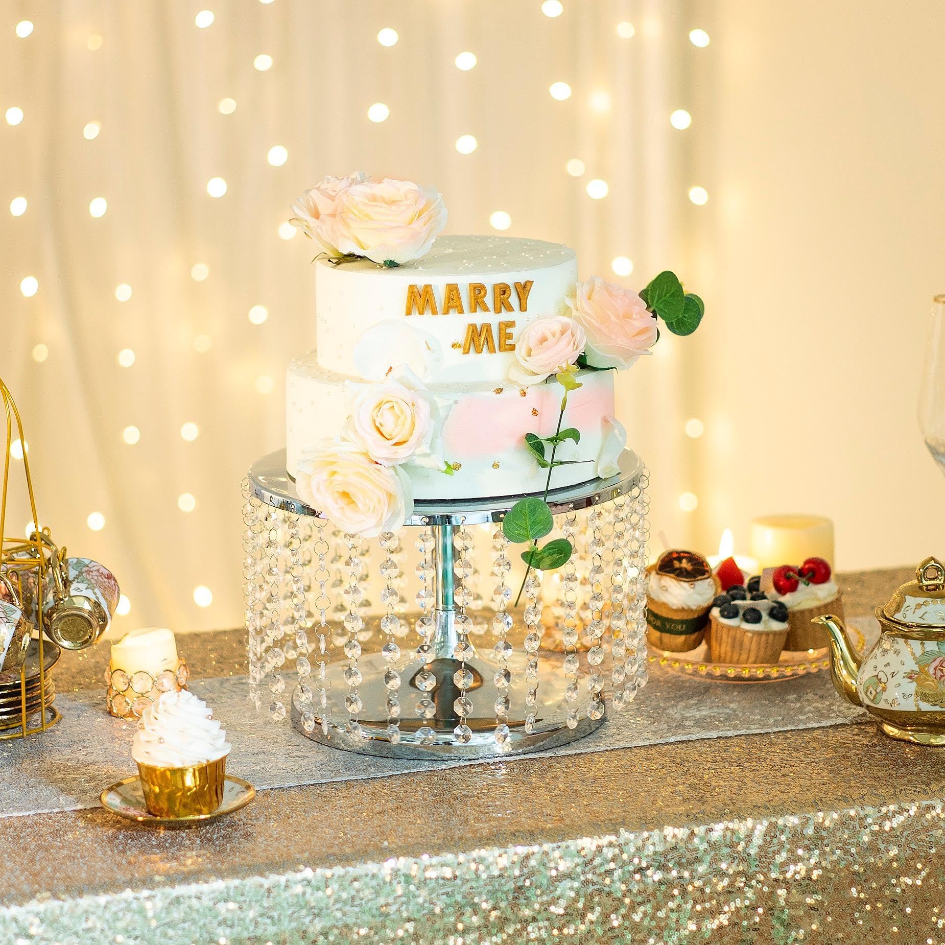 Tortenständer aus Metall, 20,3 cm hoch, 30,5 cm Durchmesser, runder Sockel, mit Acryl-Kristallen zum Aufhängen, für Desserttisch, Hochzeit, Party, Veranstaltung, Heimdekoration