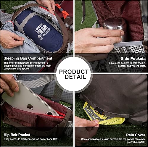 Miniatura 6 de MOUNTAINTOP Mochila de marco interno de 70L para camping, mochilero, mochila de senderismo para hombres y mujeres con cubierta de lluvia