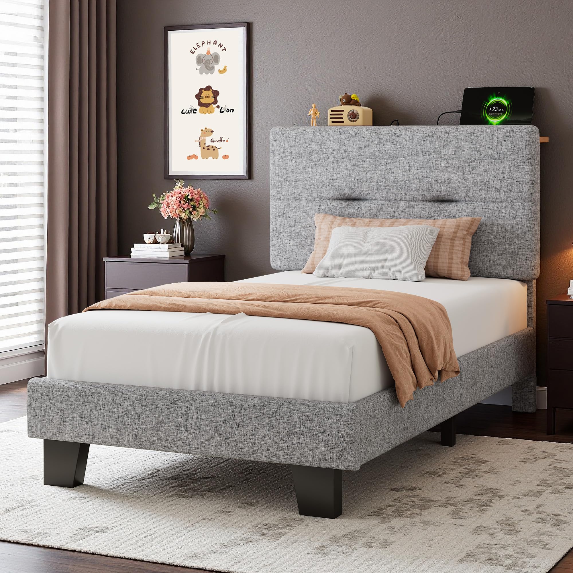 Feonase 3ft Single Bed Frame with Storage Linen Headboard, Upholstered Single beds with Charging Station, Sturdy Wooden Slat Support, Easy Assembly, Light gray
