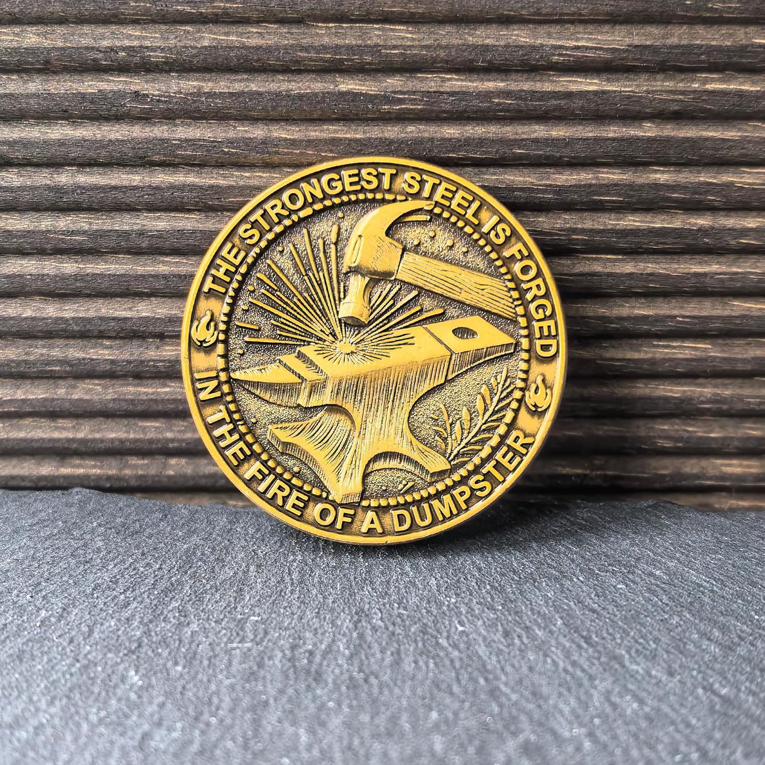 Dumpster Fire Forged Steel High Relief Challenge Coin - Funny Meme Resilience Collectible, Antique Gold Enamel Zinc Alloy Token (1.57")