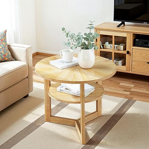 Miniatura 6 de Mesa auxiliar redonda para sala de estar, mesa de centro circular de 2 niveles con gran almacenamiento, moderna mesa de centro circular rústica con