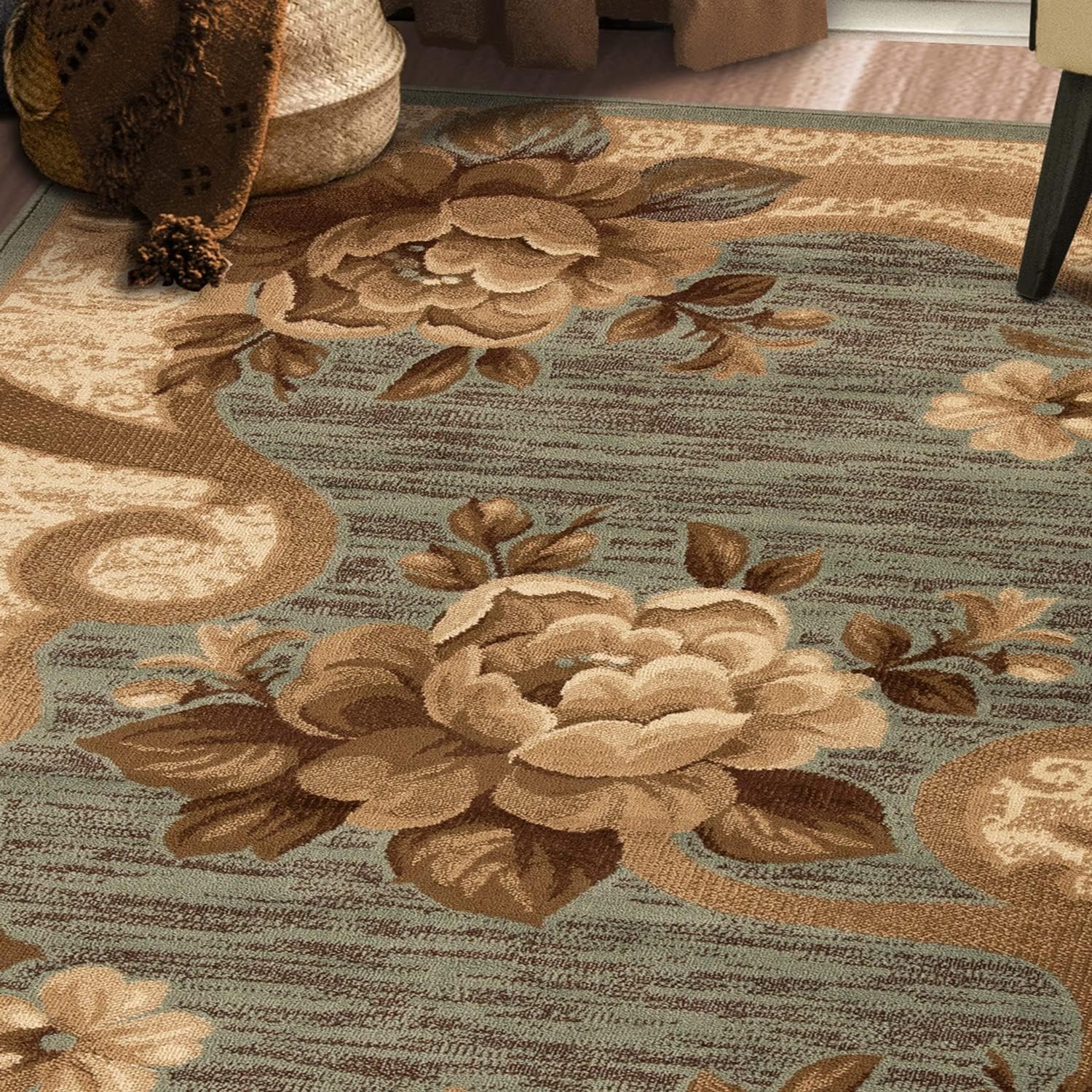 BNM Indoor Large Area Rug with Jute Backing, Great for Entryway, Living Room, Kitchen, Dorm, Bedroom, Hallway, Perfect for Hardwood Floors, Traditional Floral Scroll, 5' x 8', Slate