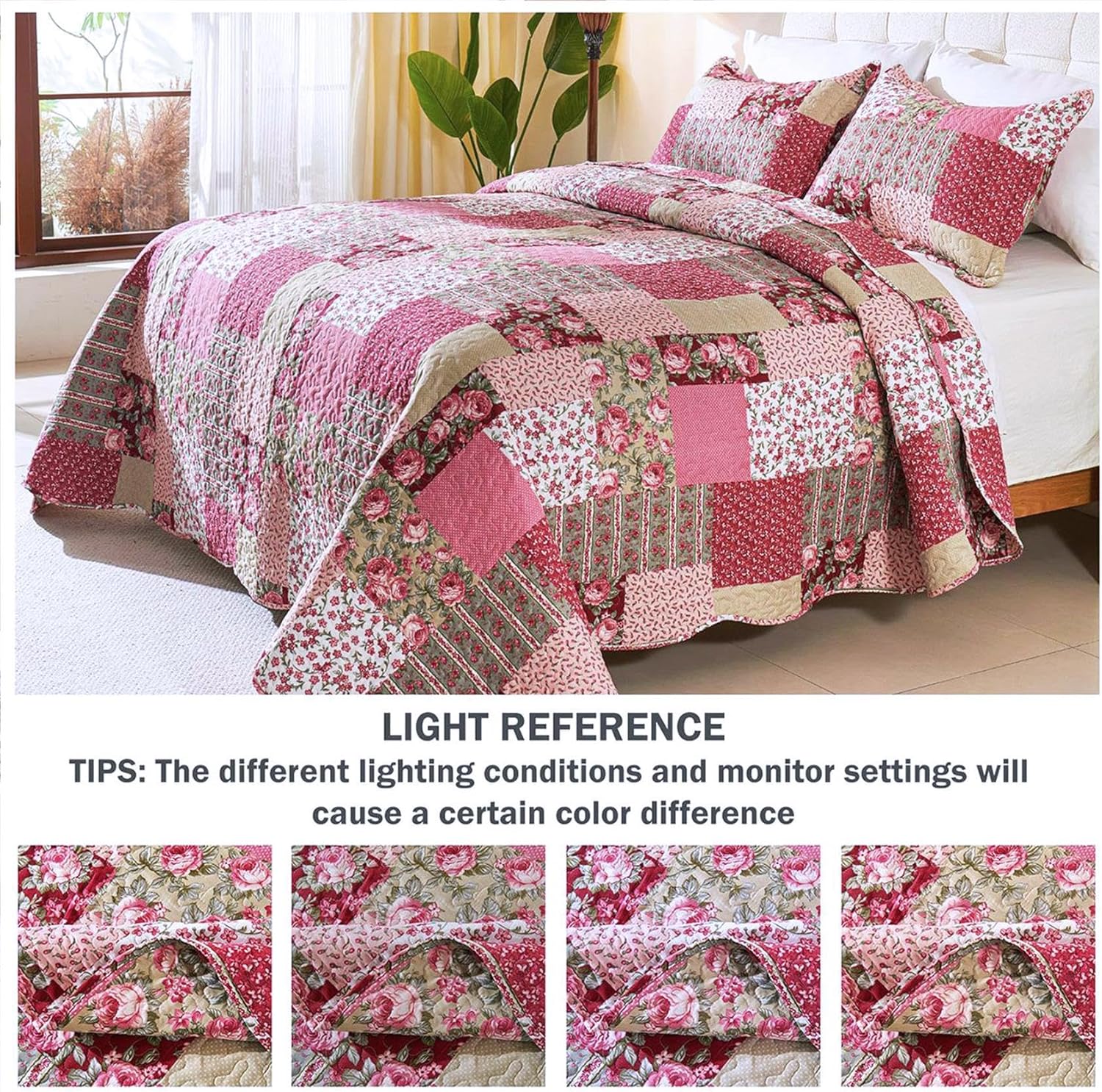 Romantic Patchwork Quilt Set Oversized King Size,Reversible Bedspread Coverlet 3-Piece,Floral Bed Cover Set with Pillow Shams,Lightweight Microfiber Bedding Set for All Season (Hot Pink,114x102) - Image 6