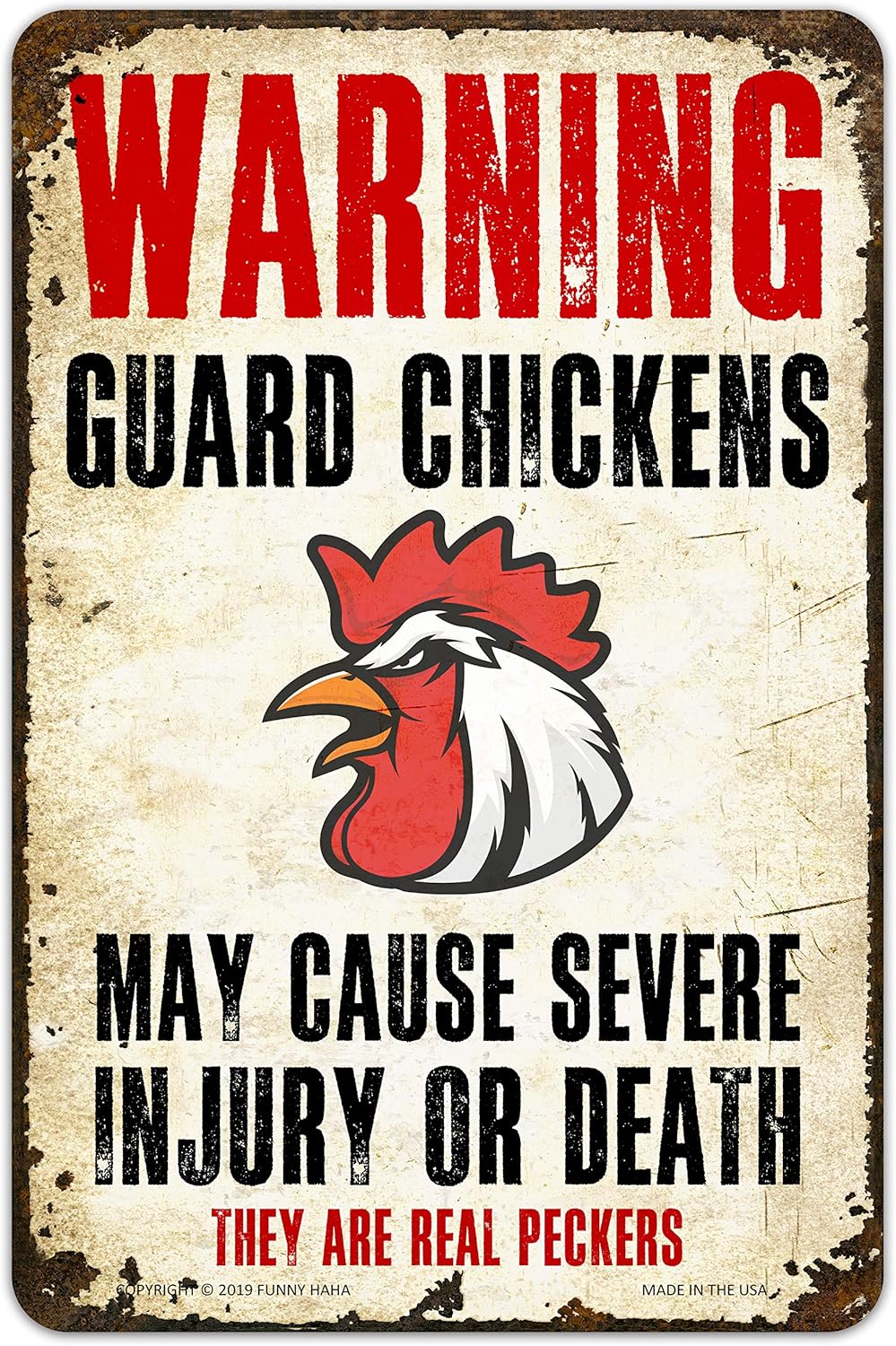 Warning Guard Chicken Funny Metal Sign Aluminum, 7.75 x 11.75 inches by Funny HAHA