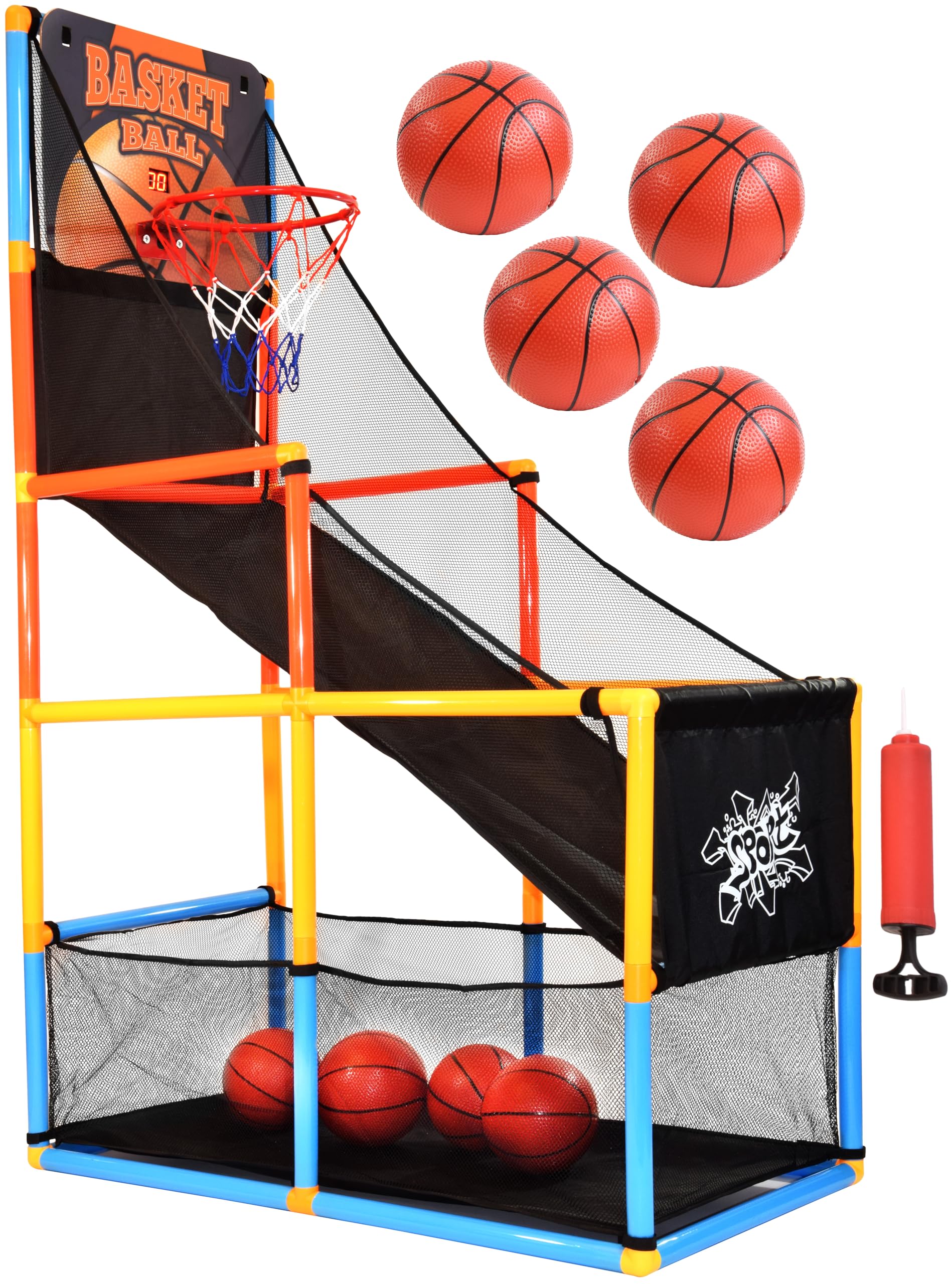 Kiddie Play Basketball Arcade Game Indoor with Electronic Scoreboard for Kids with Hoop and 4 Balls, Air Pump Included