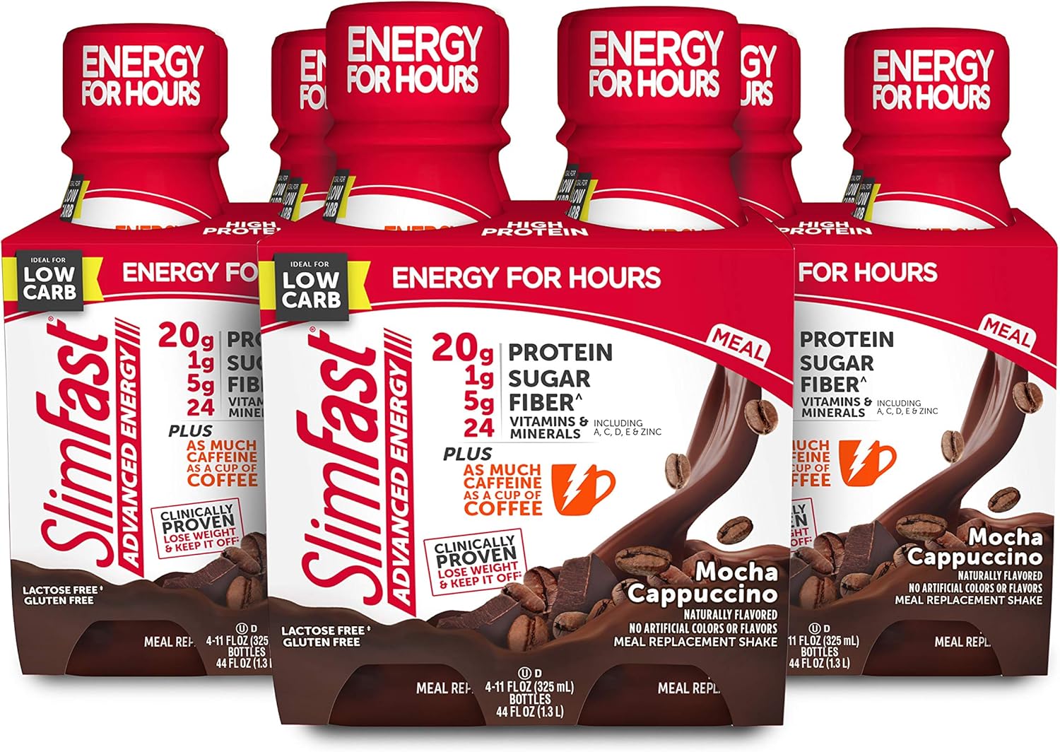 SlimFast Advanced Energy Mocha Cappuccino Shake – Ready To Drink Meal Replacement – 20g of Protein – 11 fl oz Bottle – 12 Count - Pantry Friendly : Grocery & Gourmet Food