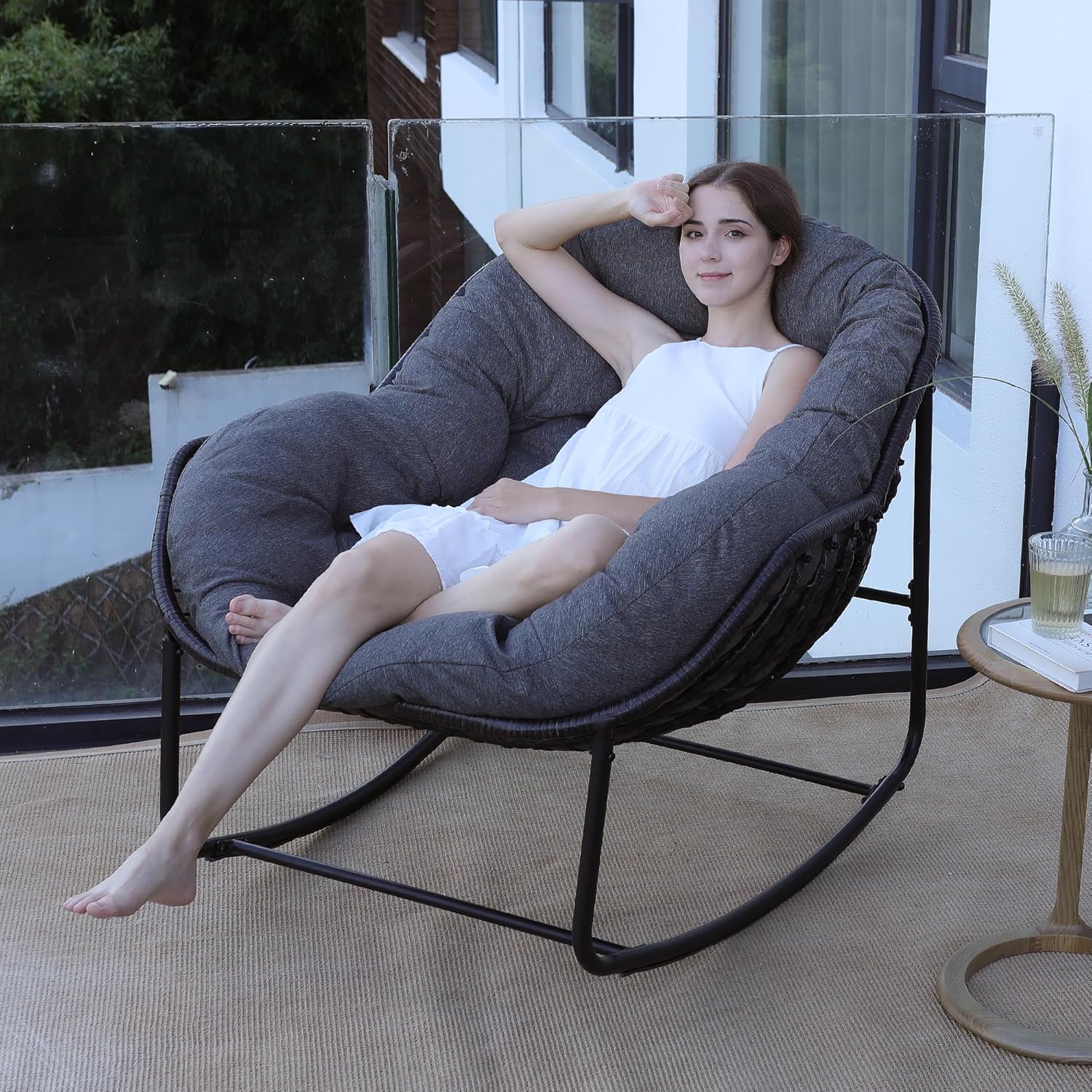 Papasan Rocking Chair, Oversized Rocking Papasan Chair Rattan Papasan Chair w Cushion, Wicker Egg Chair Rocker Outdoor Front Porch Chair, Big Comfy Rocking Chair for Outdoor(Dark Grey)