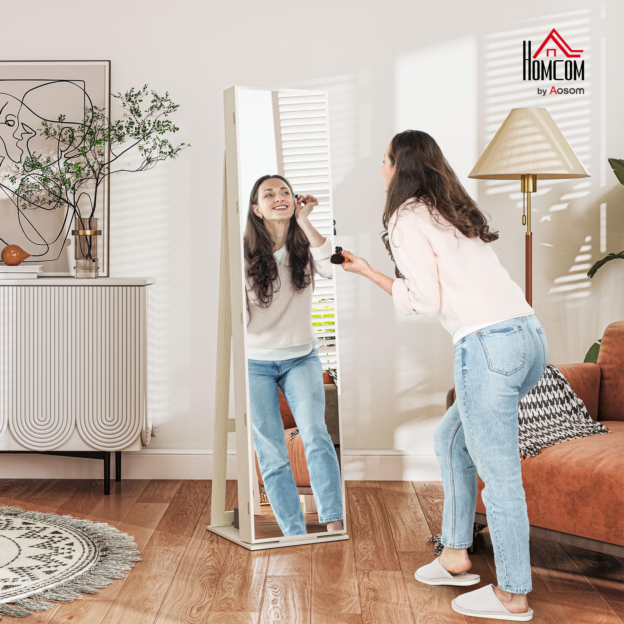 HOMCOM Espejo Joyero de Pie con Luces LED y Cerradura Armario de Joyas Blanco Veta Madera