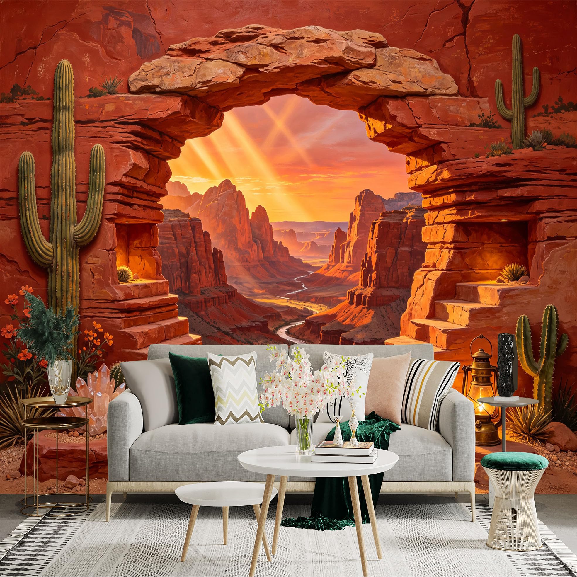 Custom Size Wall Sticker Mural， Desert Canyon Sunset， Red Rock Arch， Cactus Landscape， Scenic Valley， for wall Decoration， peelandstick wall Decals.