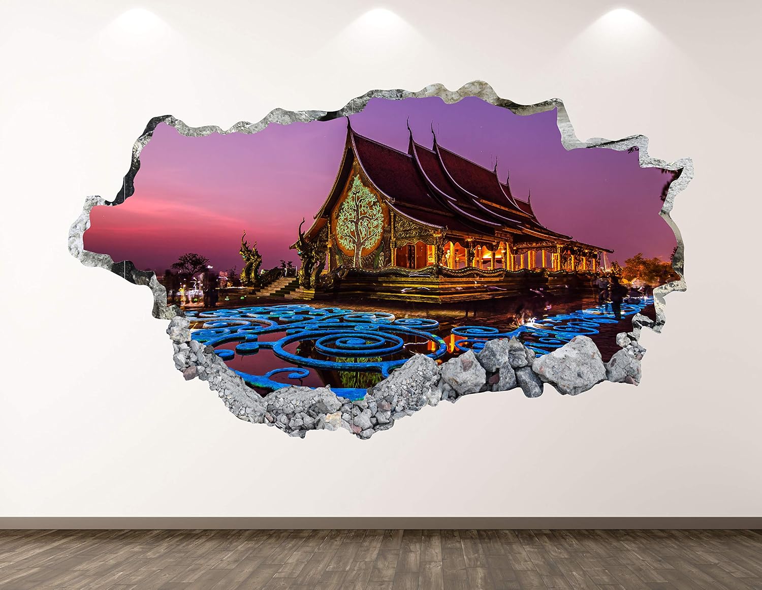 Sirindhorn Wararam PHU Prao Temple Wall Decal Buddhist Temple in Chong Mek Thailand Decor 3D Smashed Neon Color Image Sticker Poster Kids Room Mural Custom Gift BL2175 (30"W x 18"H)