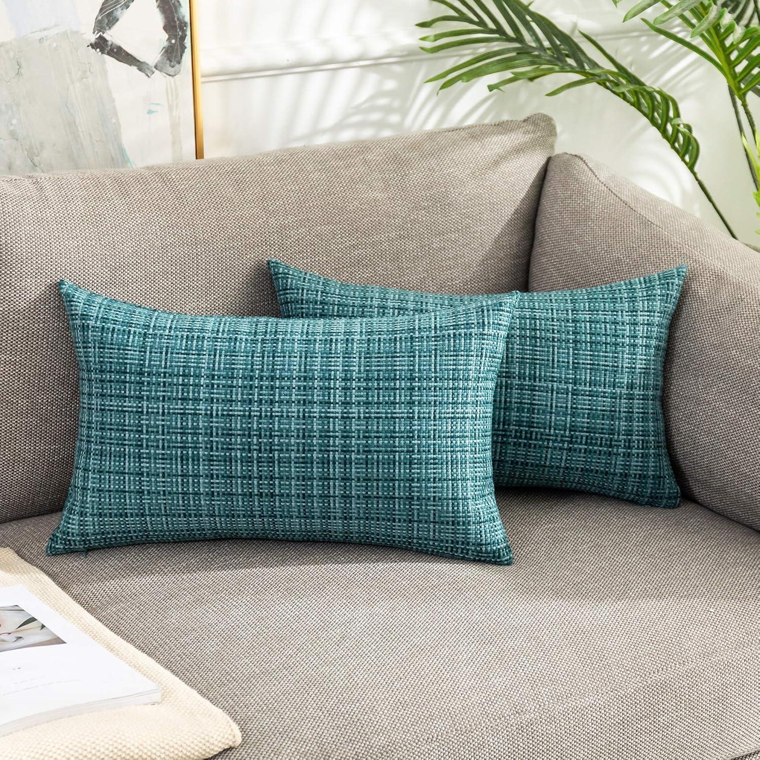 Kevin Textile Pack of 2 Decorative Outdoor Waterproof Throw Pillow Covers Lumbar Pillowcases Modern Cushion Cases for Patio Couch Bench 12 x 20 Inch Teal - Image 4