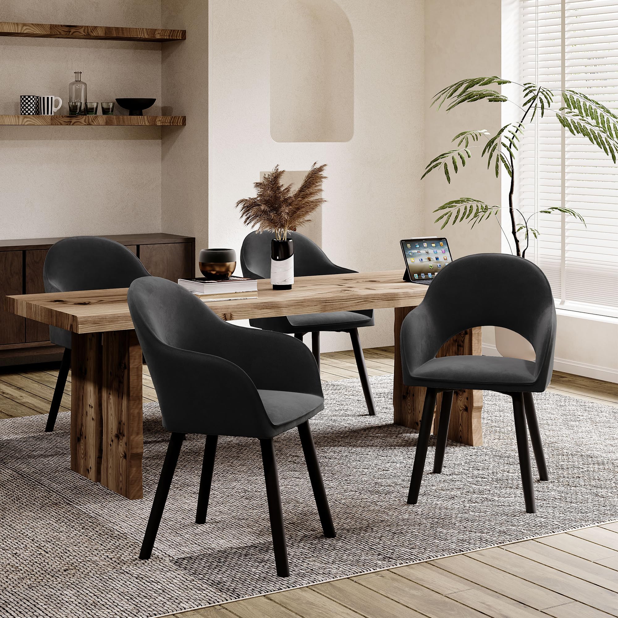 Juego de 4 Sillas de Comedor con Reposabrazos, Sillas Tapizadas para Salón y Cocina, Sillones Modernos con Patas de Madera - Negro