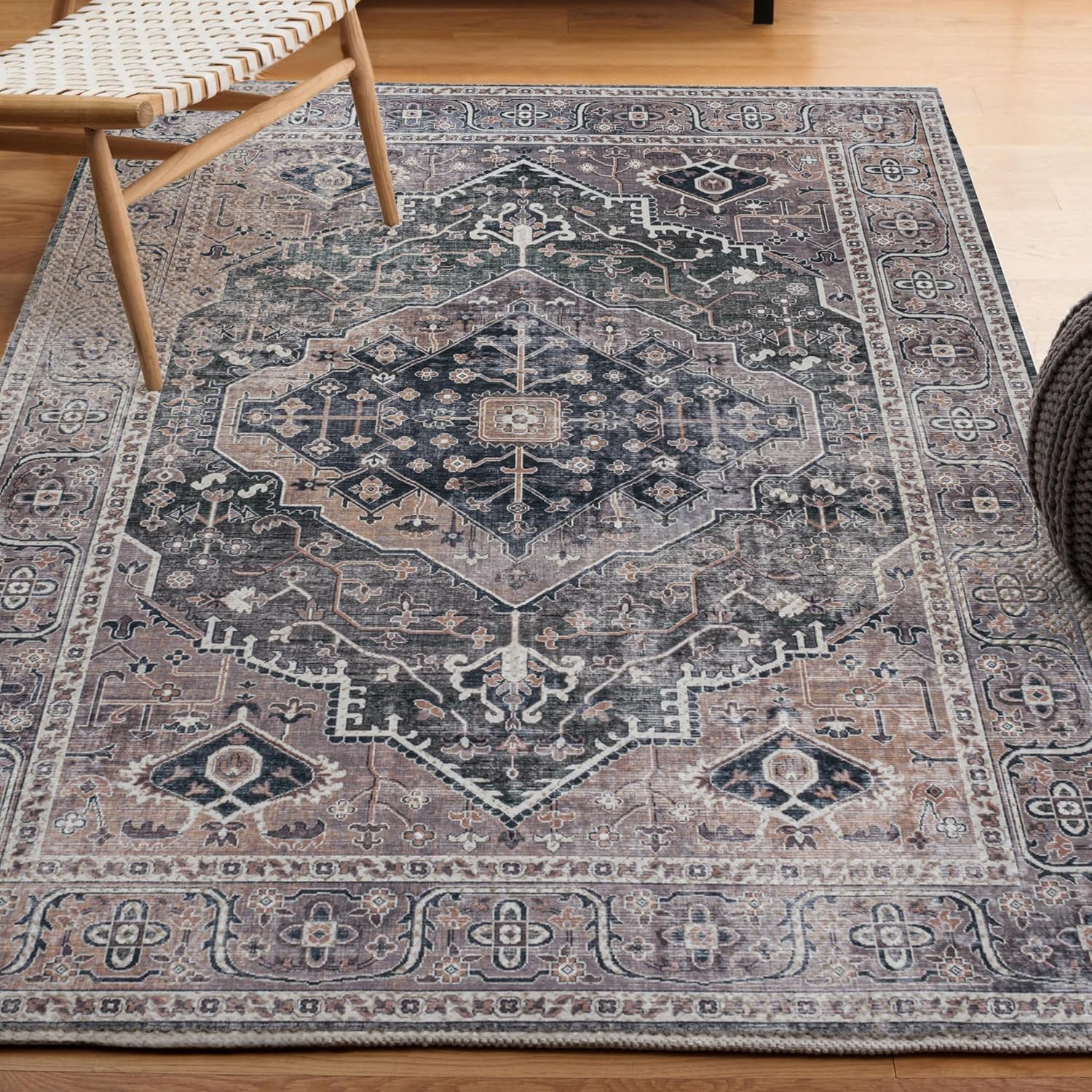 JONATHAN Y Machine Washable Indoor Area Rug 3X5 Dark Green/Dark Beige, Alacati Ogee Medallion for Living Room, Bedroom, Kitchen, Office, Easy-Cleaning, Pet-Friendly, Non-Shedding WSH103B-3