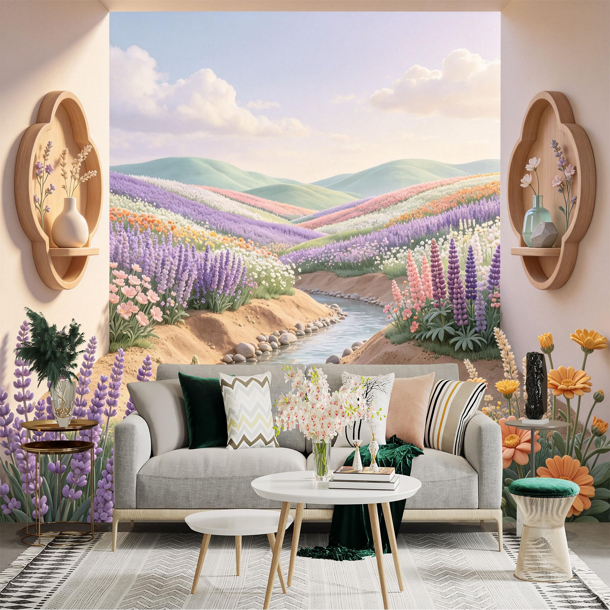 Lnzczhyre Bh260719545 Custom Size Wall Sticker Mural， Flowing River In Blooming Wildflower Meadow， Peaceful Mountain Valley Landscape， For Wall Decoration， Peelandstick Wall Decals.
