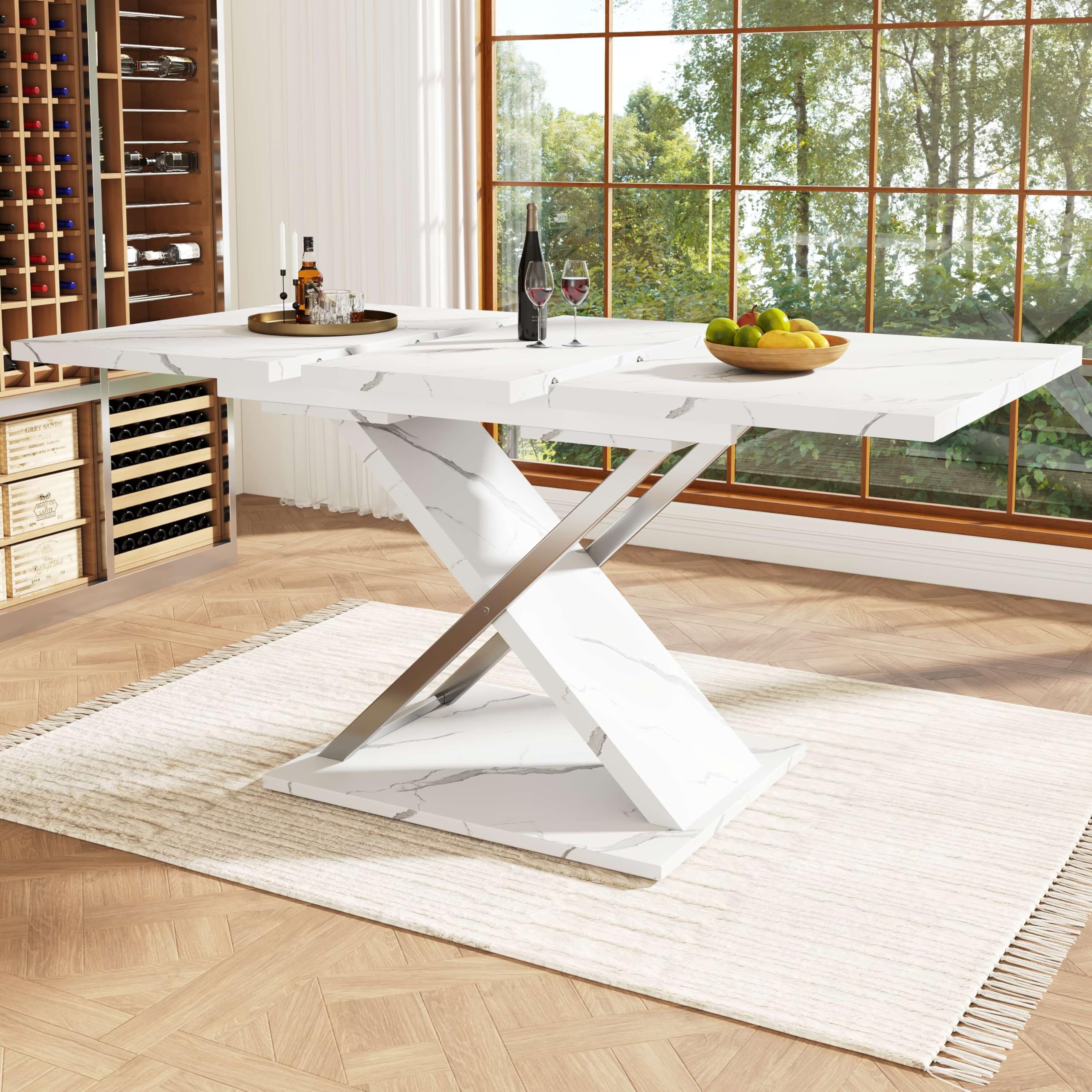 Esstisch Ausziehtisch (118/157×75cm), Küchen-Wohnzimmertisch, Anstecktisch, Ausziehbar auf 118-157cm mit Hilfe von Innenliegender Einlegeplatte, Esstisch mit Kreuzbeinen，Weiß & Silber