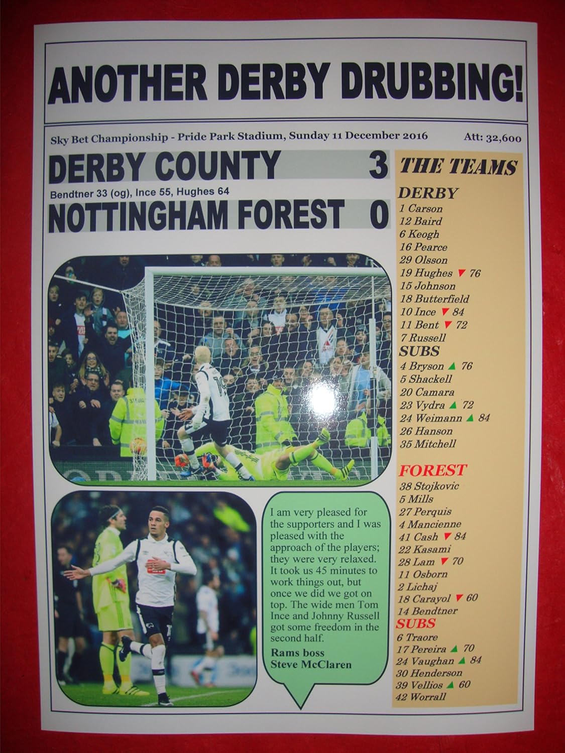Lilywhite Multimedia Derby County 3 Nottingham Forest 0-2016 - souvenir print