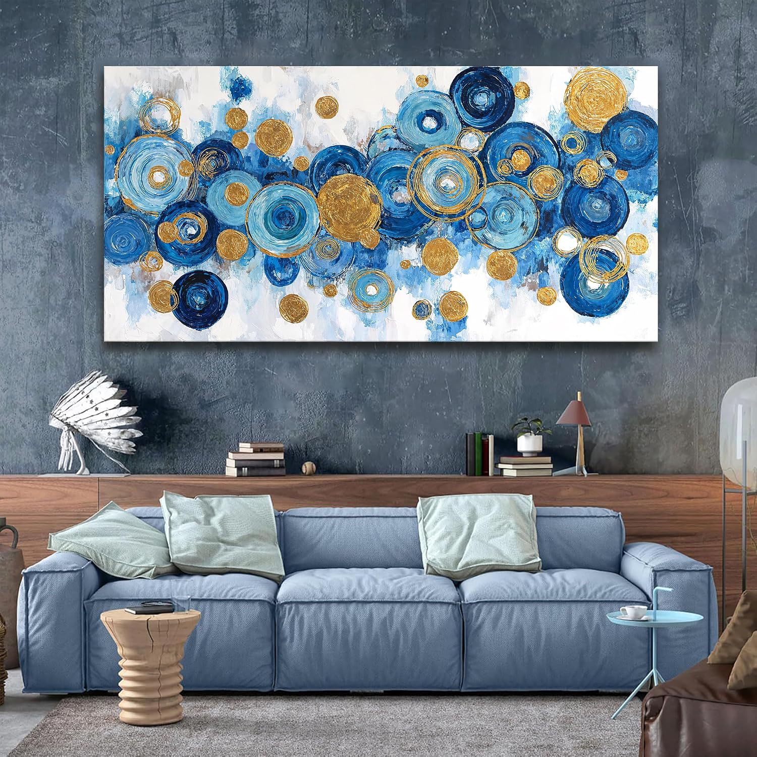 I@U Abstract Large Wall Art For Living Room Home Wall Decor Maximalism Gold Blue Circle Canvas Wall Art Decor Artwork For Walls Bedroom Kitchen Office Modern Canvas Print 29x58 Inch
