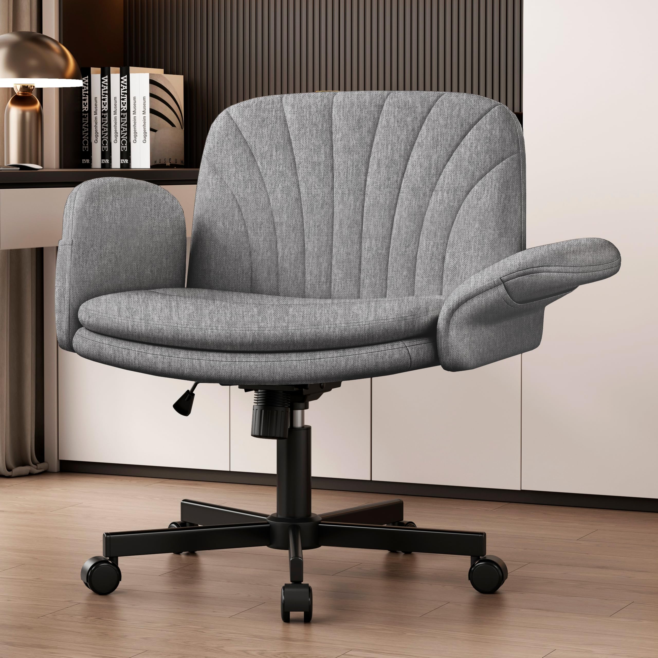 Vonesse Criss Cross Chair Vanity Chairs with Adjustable Armrests Makeup Chair with Linen Fabric and Side Pockets Design