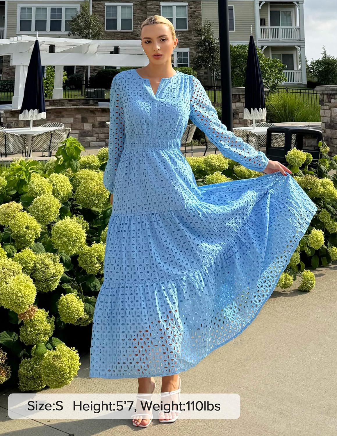 ZESICA Women's 2026 Spring Long Sleeve Maxi Dress V Neck Hollow Out Eyelet A Line Long Flowy Casual Party Dresses - Image 5