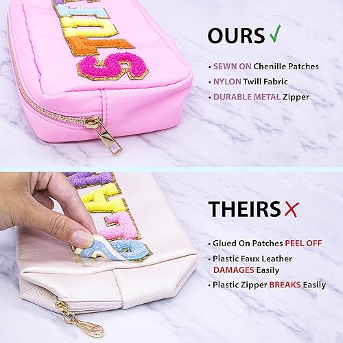 Miniatura 5 de Fablinks Bolsa de cosméticos de nailon rosa con parches de letras de felpilla, Rosado, 9-Inch, Stuff-pink