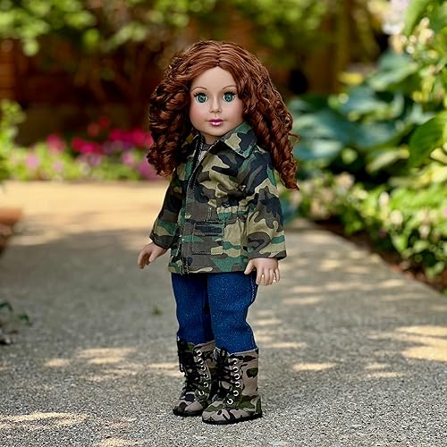 Miniatura 7 de Estilo militar: ropa de muñeca de 18 pulgadas, traje de 4 piezas, chaqueta de camuflaje, camiseta, jeans elásticos y botas de camuflaje (muñecos no