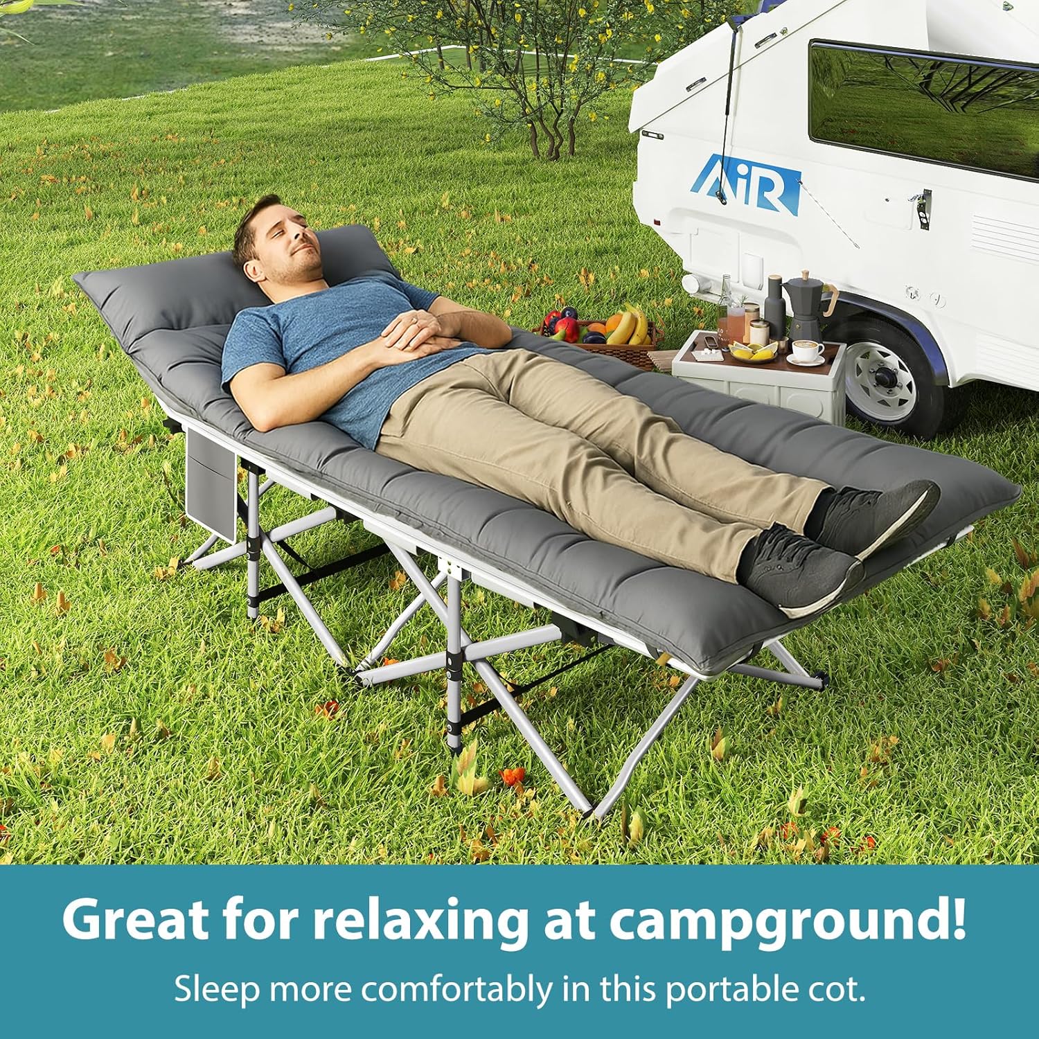 Folding Camping Cot 2 Pack, 600LBS(Max Load) Heavy Duty Sleeping Cots with Mattress, Carry Bag, 1200D Double Layer Oxford Portable Camp Cots for Home Office Outdoor (Blue+Grey, 2 Pack)