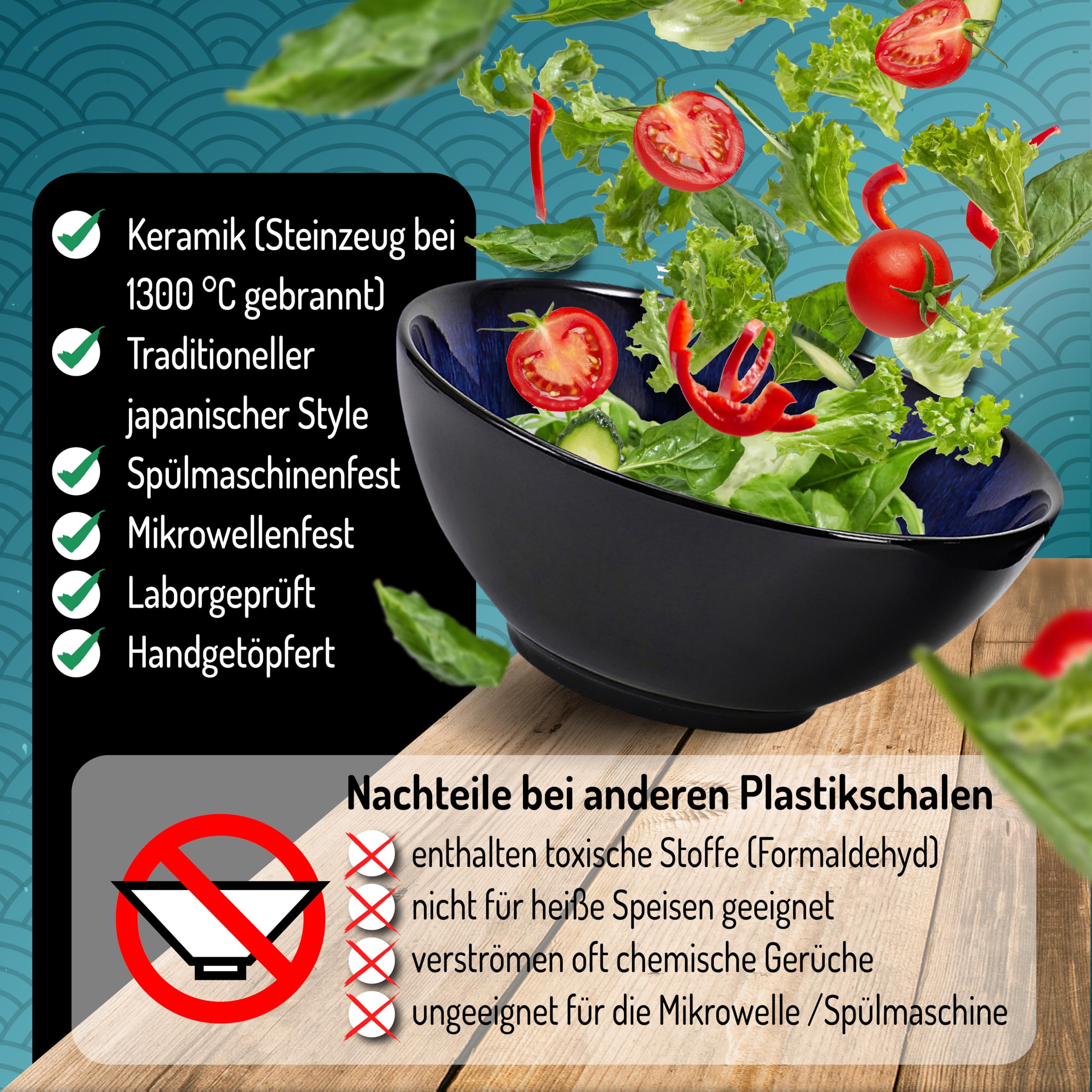 Ramen Ciotola in ceramica, 20 cm, blu, 1000 ml, ciotola per insalata, zuppa, ciotola per pasta, ciotola per cereali, zuppa Pho