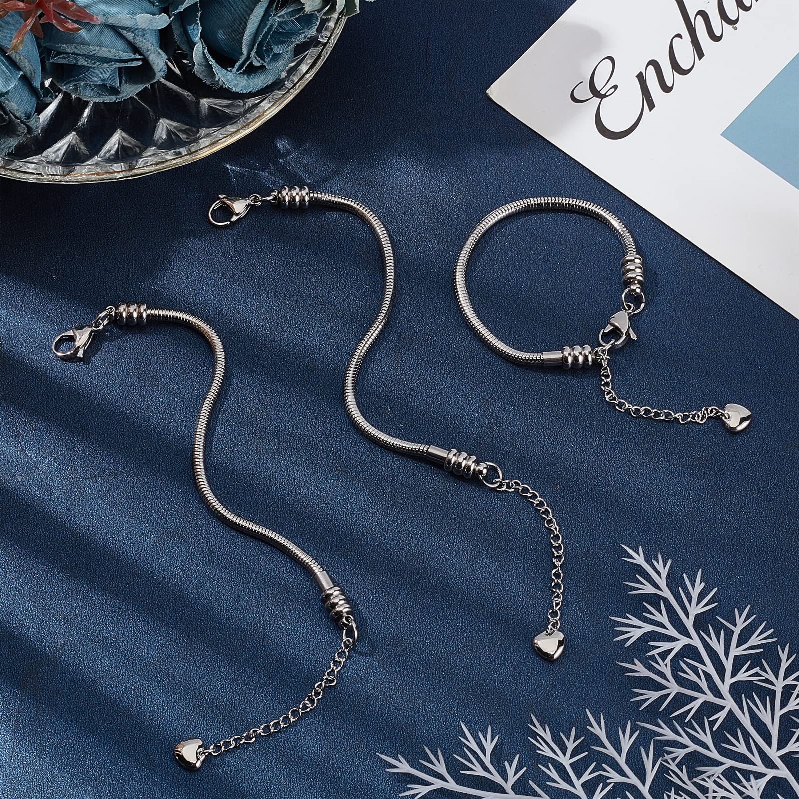 PH PandaHall 4pcs Snake Chain Bracelets 6.3” Adjustable Slider Bracelet Stainless Steel Bracelet Charm Bracelet fit Charm Beads European Snake Chain with Lobster Claw Clasp for Men Women